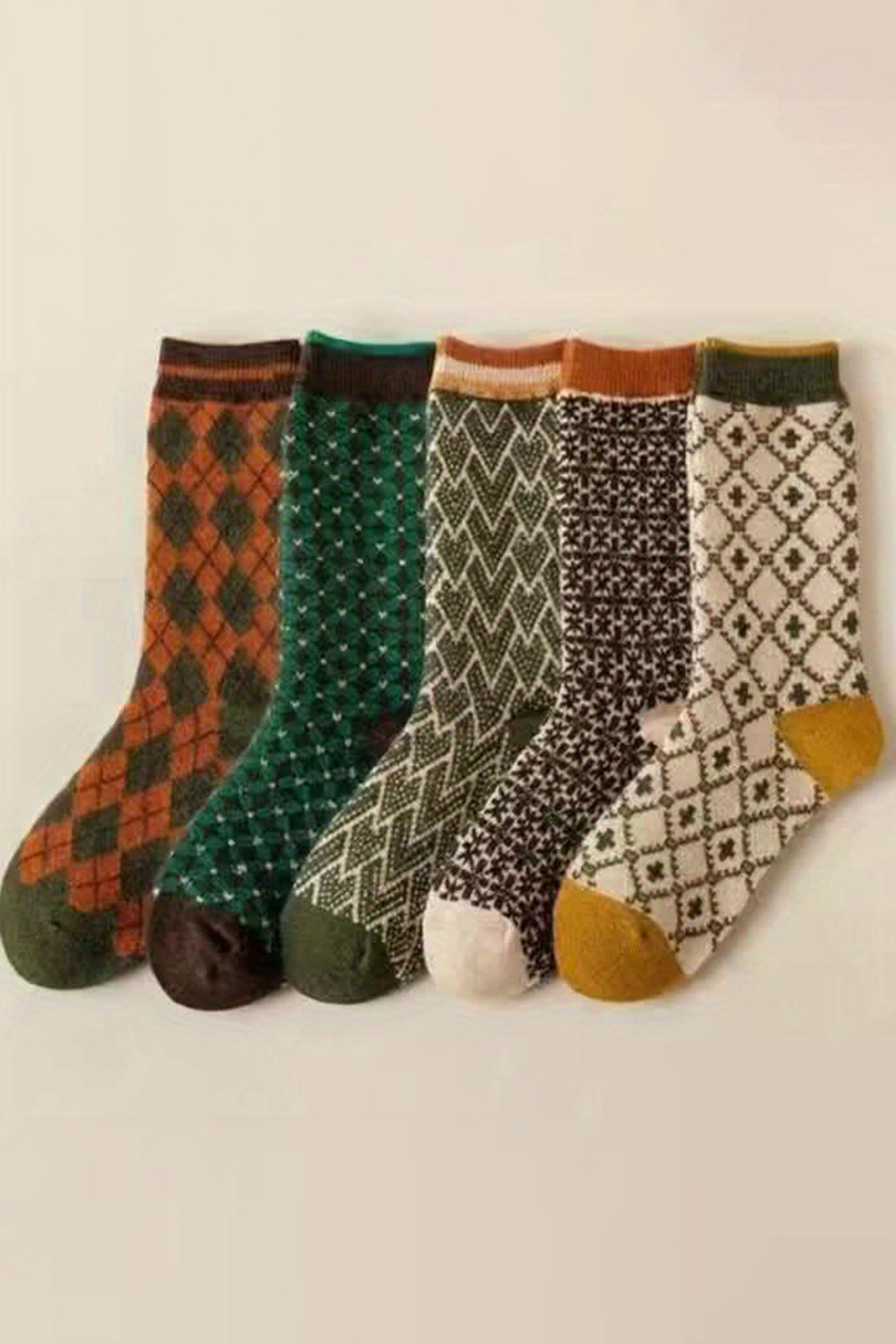 Guacamole Green 5 Pairs Retro Geometric Pattern Combed Cotton Socks Set