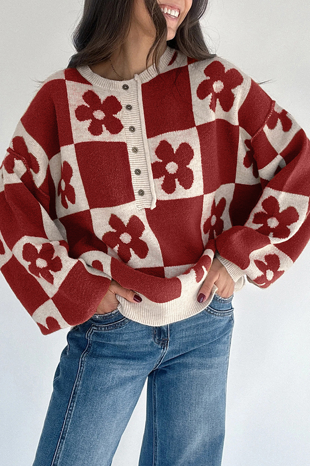 Black Flower Plaid Henley Baggy Sweater