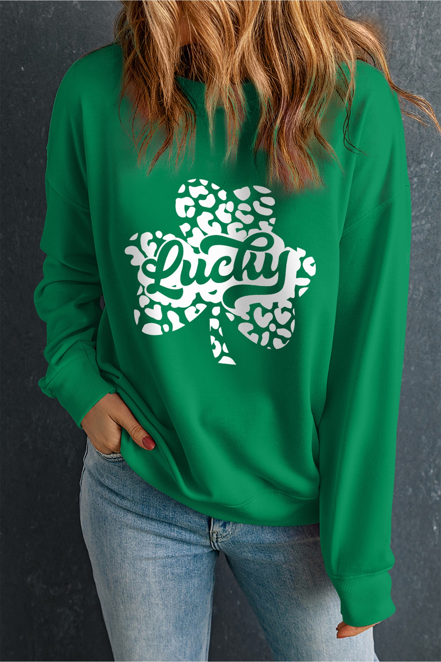 Dark Green Lucky Leopard Clover Dropped Shoulder Sweatshirt