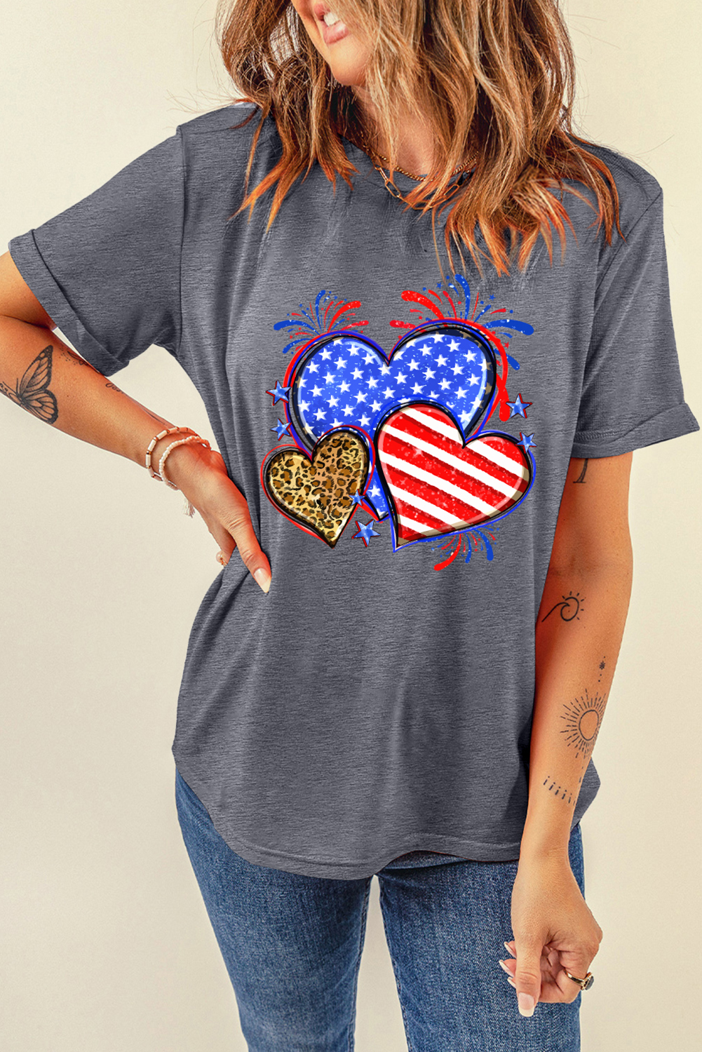 Gray American Heart July 4th Celebration Graphic T Shirt
