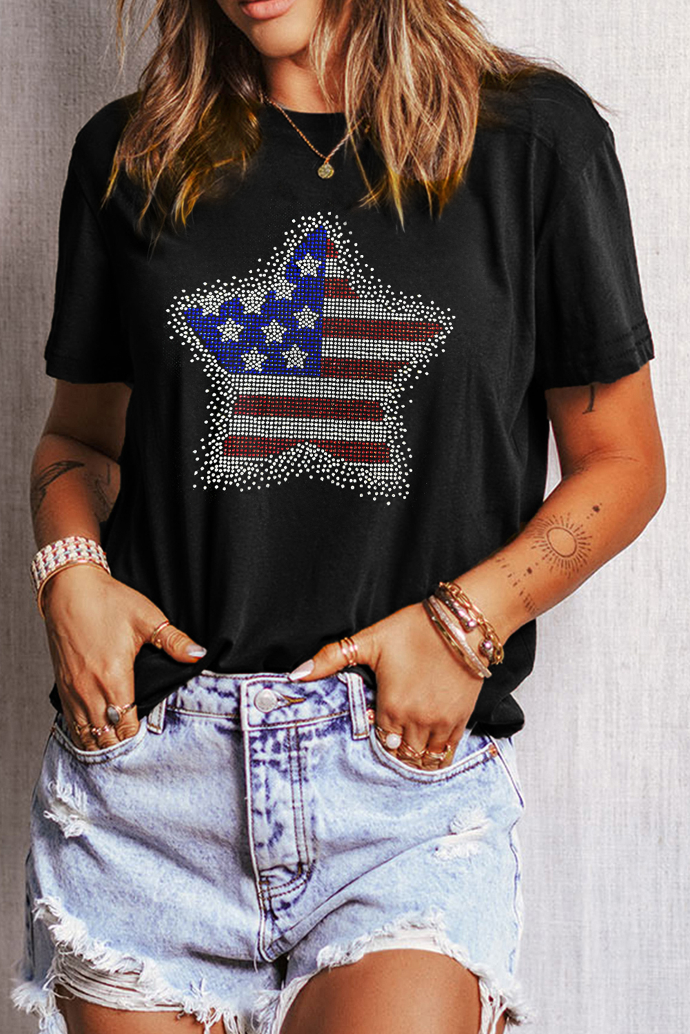 Black Flag Inspired Rhinestone Star Graphic T Shirt