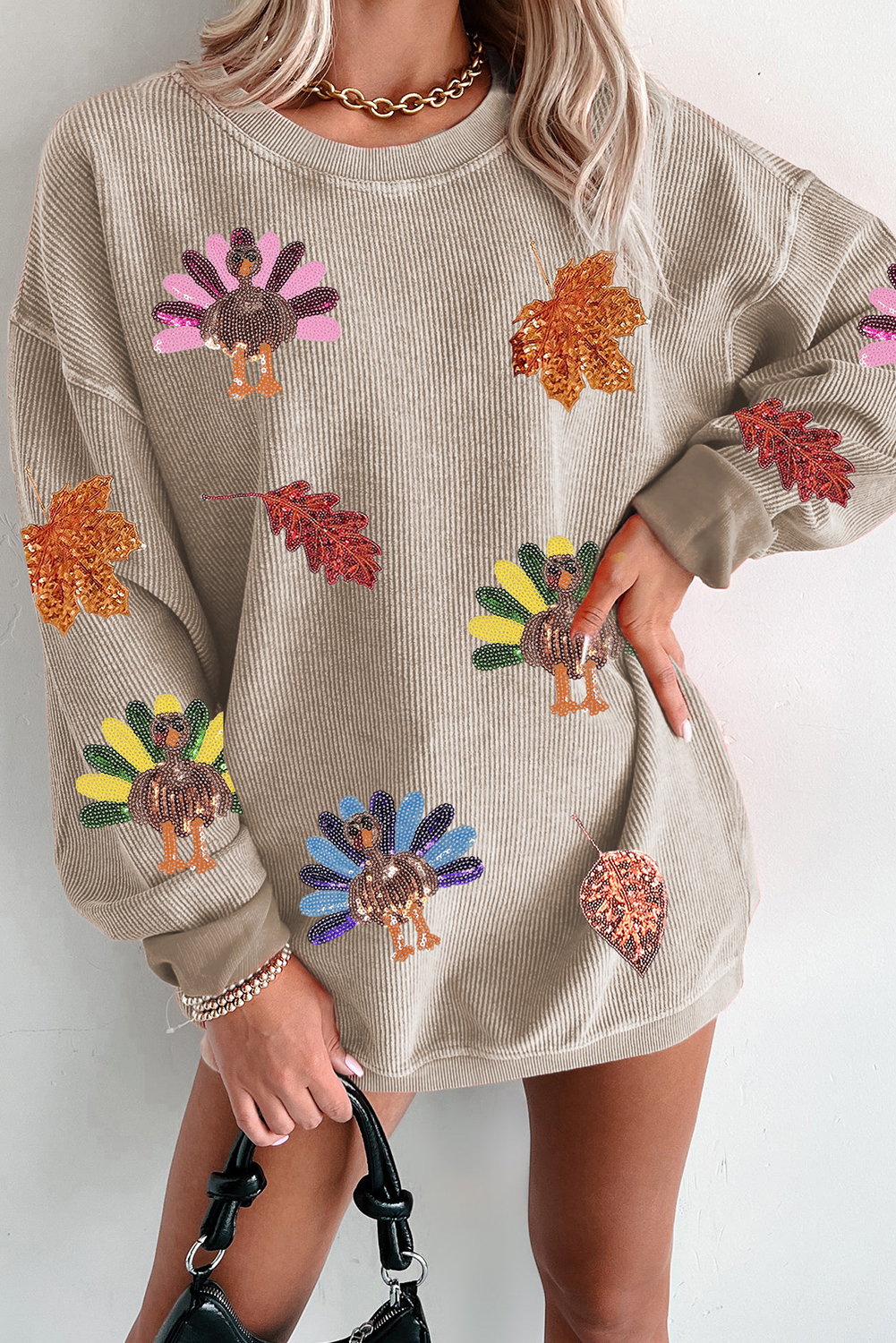 Smoke Gray 3D Ribbed Sequin Fall Leaf Turkey Graphic Baggy Sweatshirt