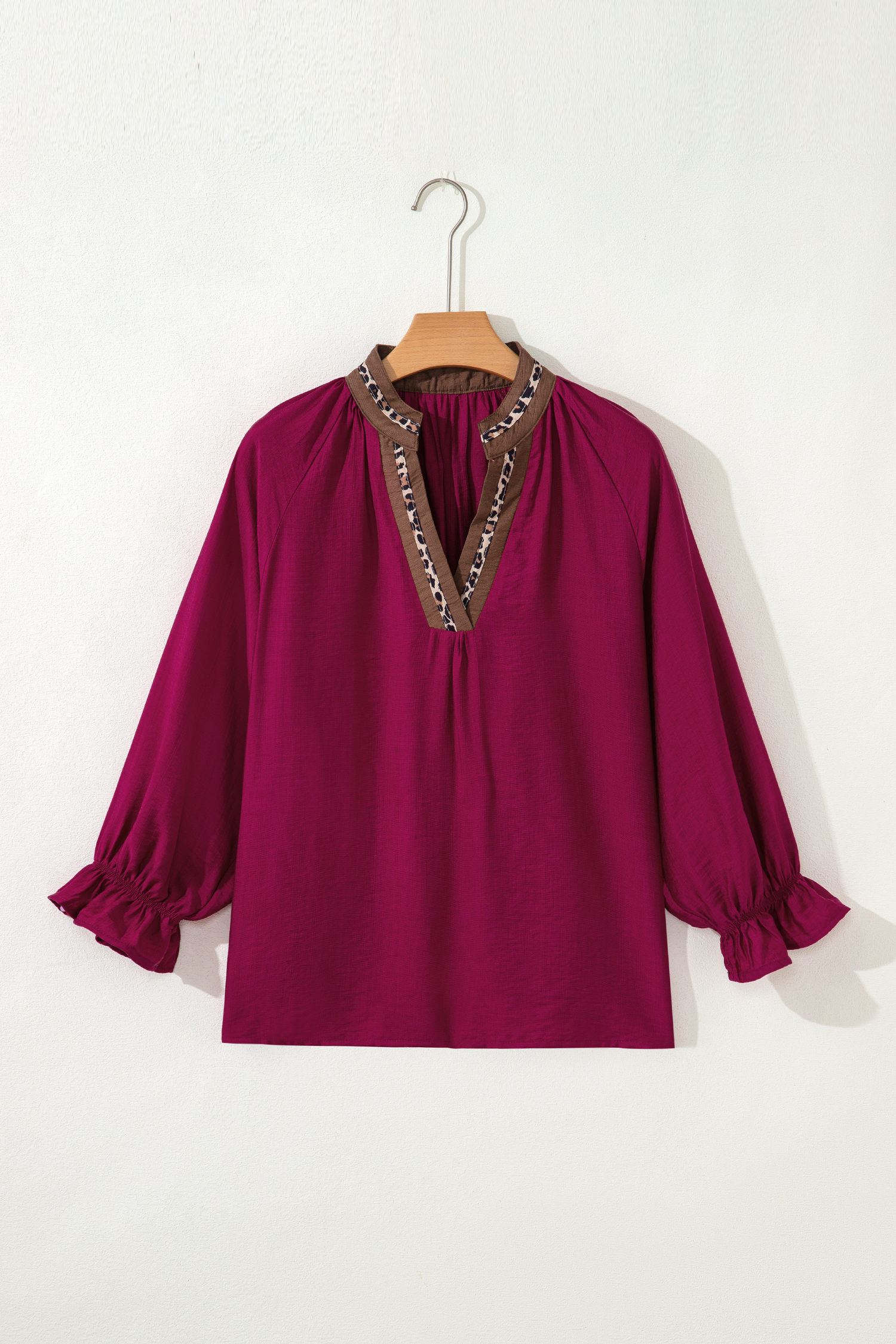 Dirty blue Leopard Trim V Neck Flounced Bracelet Sleeve Blouse