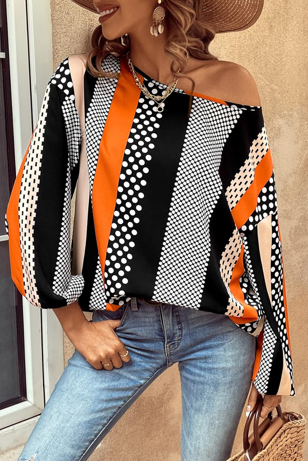 Black Striped Polka Dot Print Ruffled Hem V Neck Mini Dress