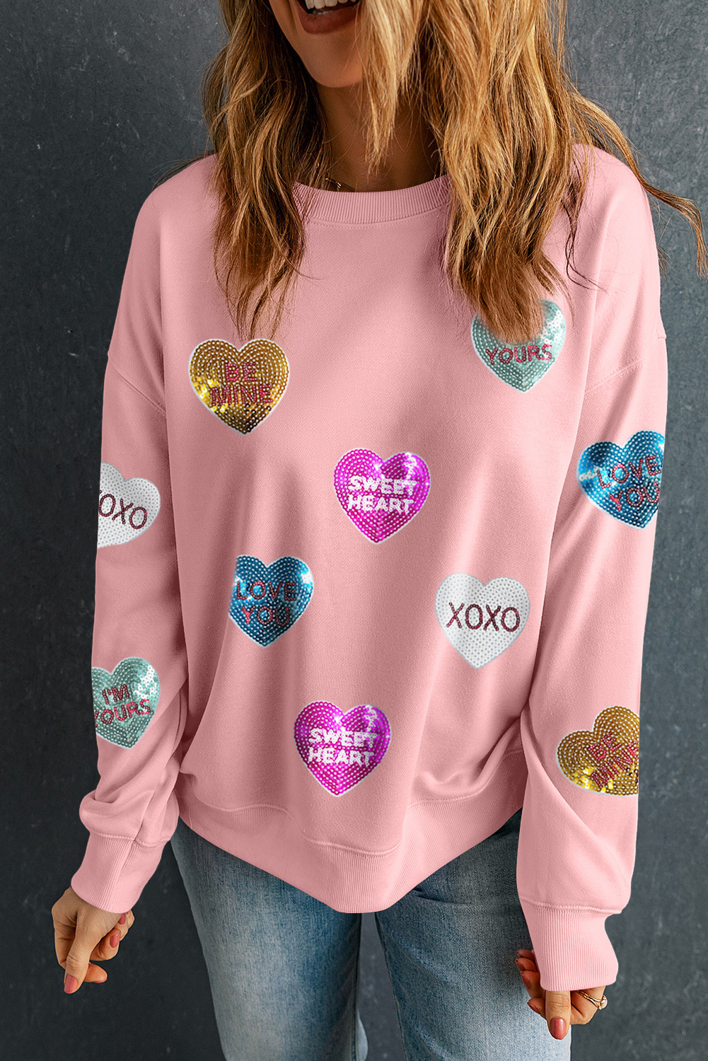 Pink Sequin Valentines Lettering Heart Patched Crewneck T Shirt