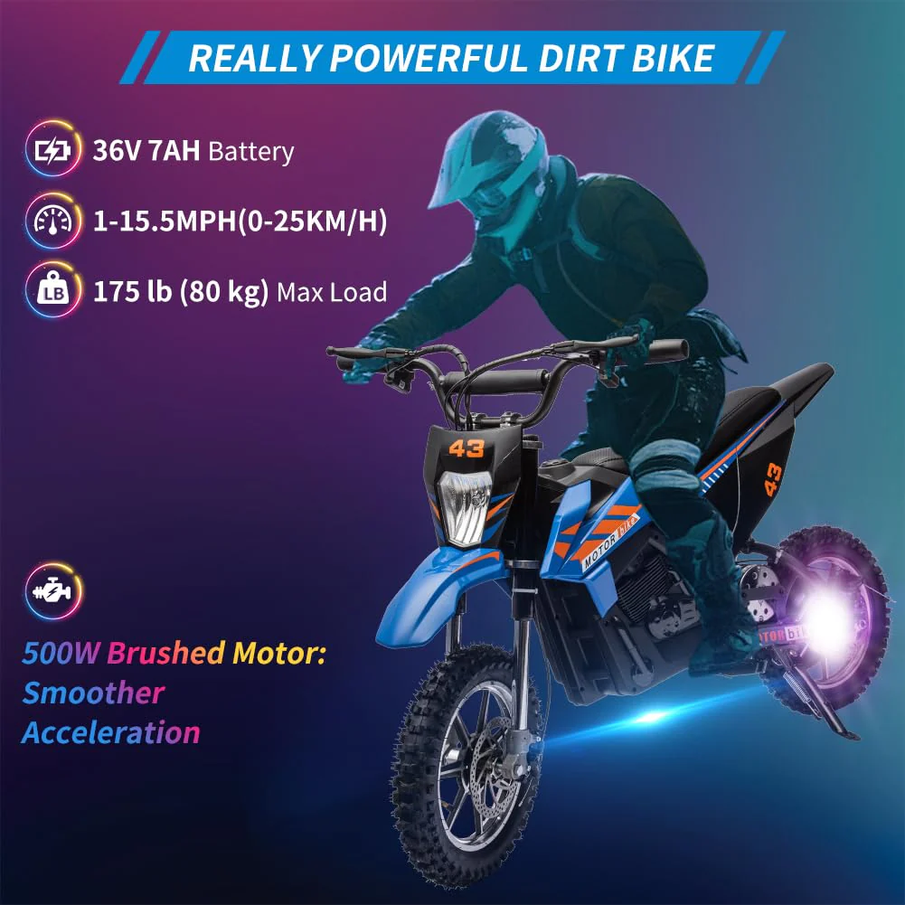 36V Kids Electric Dirt Bike, 36V, 350W, 15.5MPH, LED, 175lbs Max – Blue