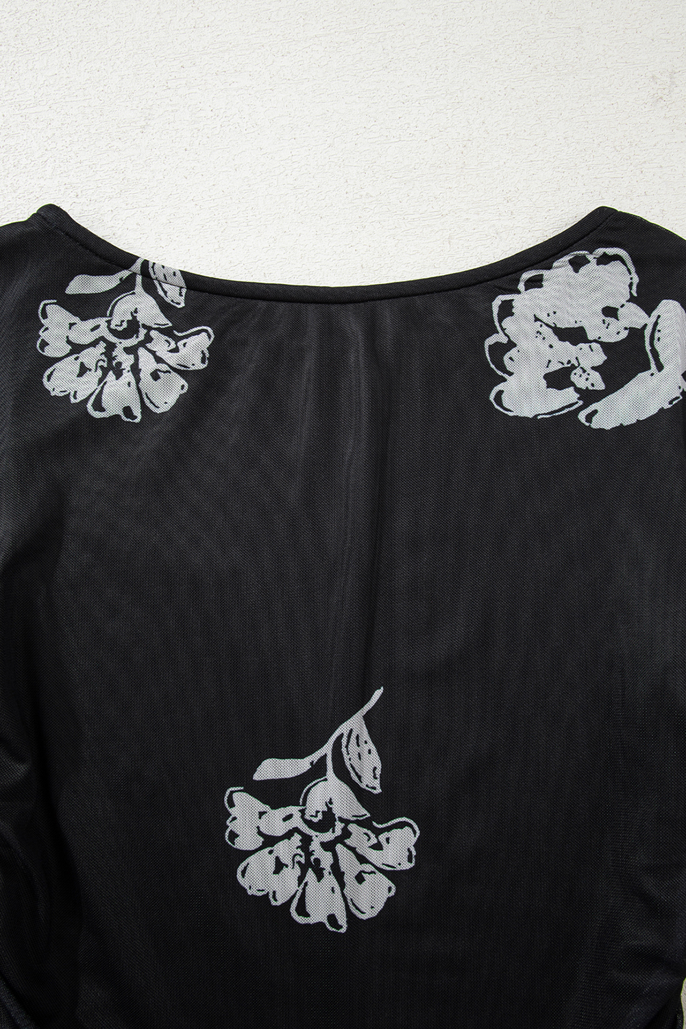 Black Floral Print Sleek Bodice Mesh Long Sleeve Top