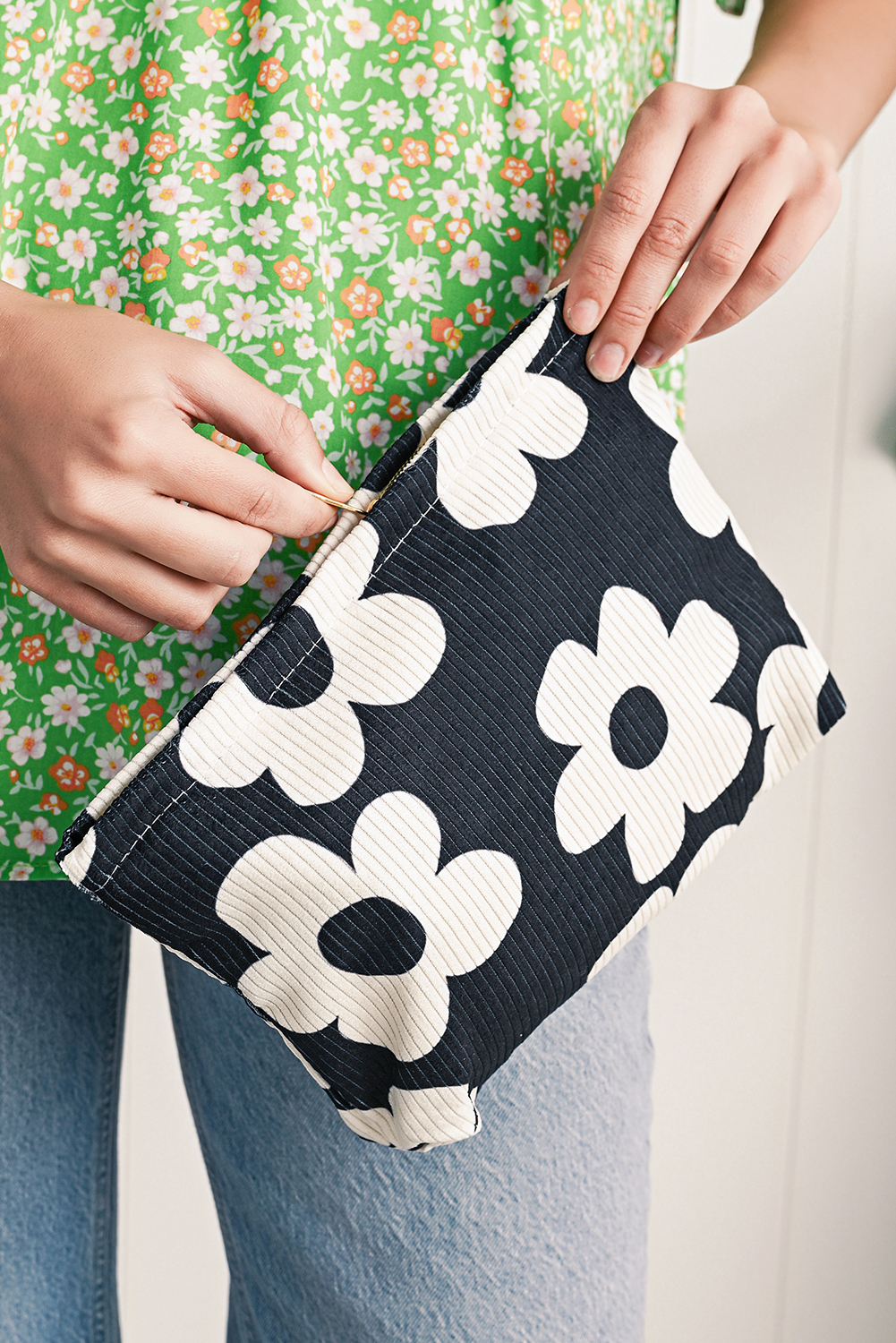 Red Flower Printed Rib Textured Cosmetic Bag