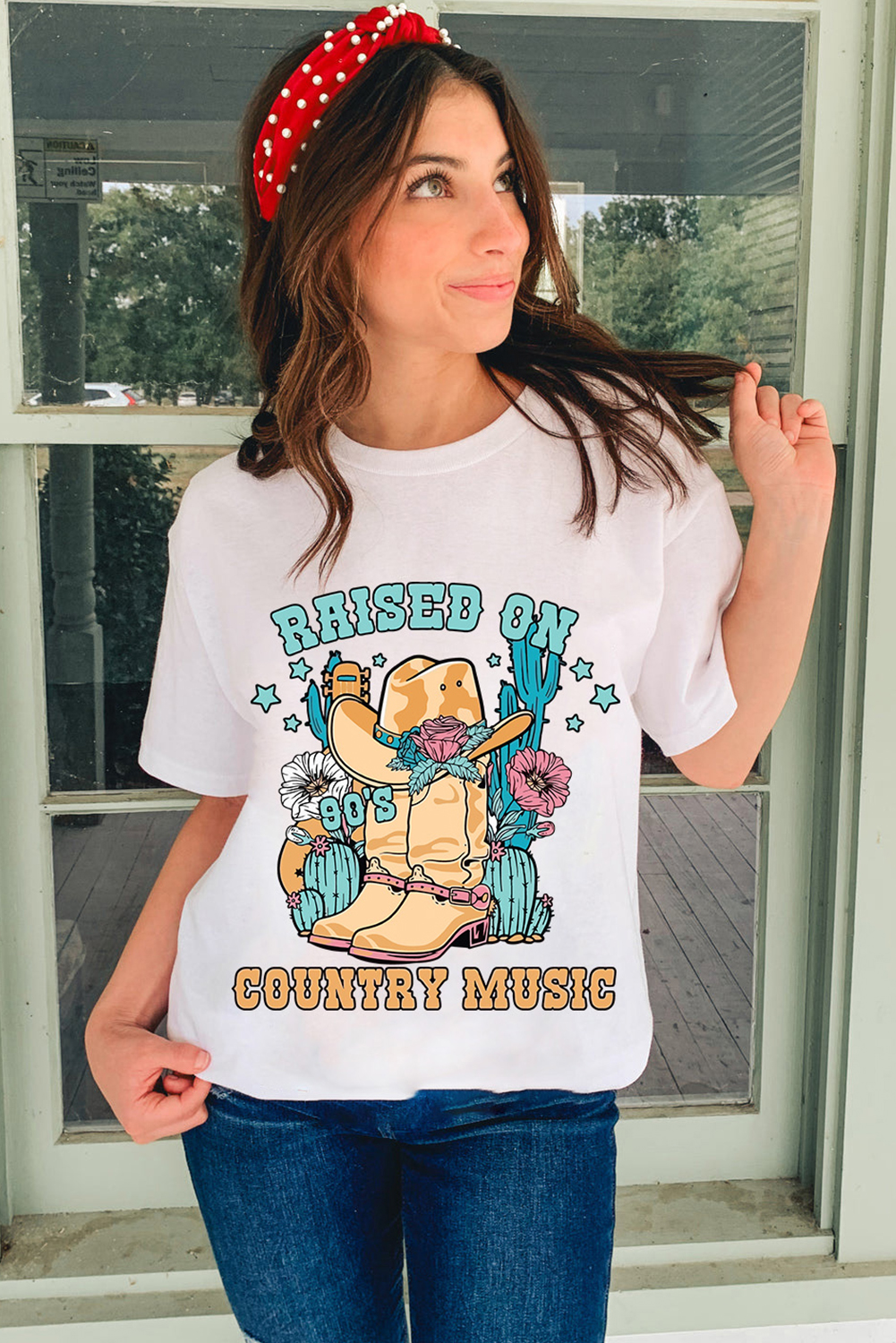 White RAISED ON COUNTRY MUSIC Western Graphic Tee