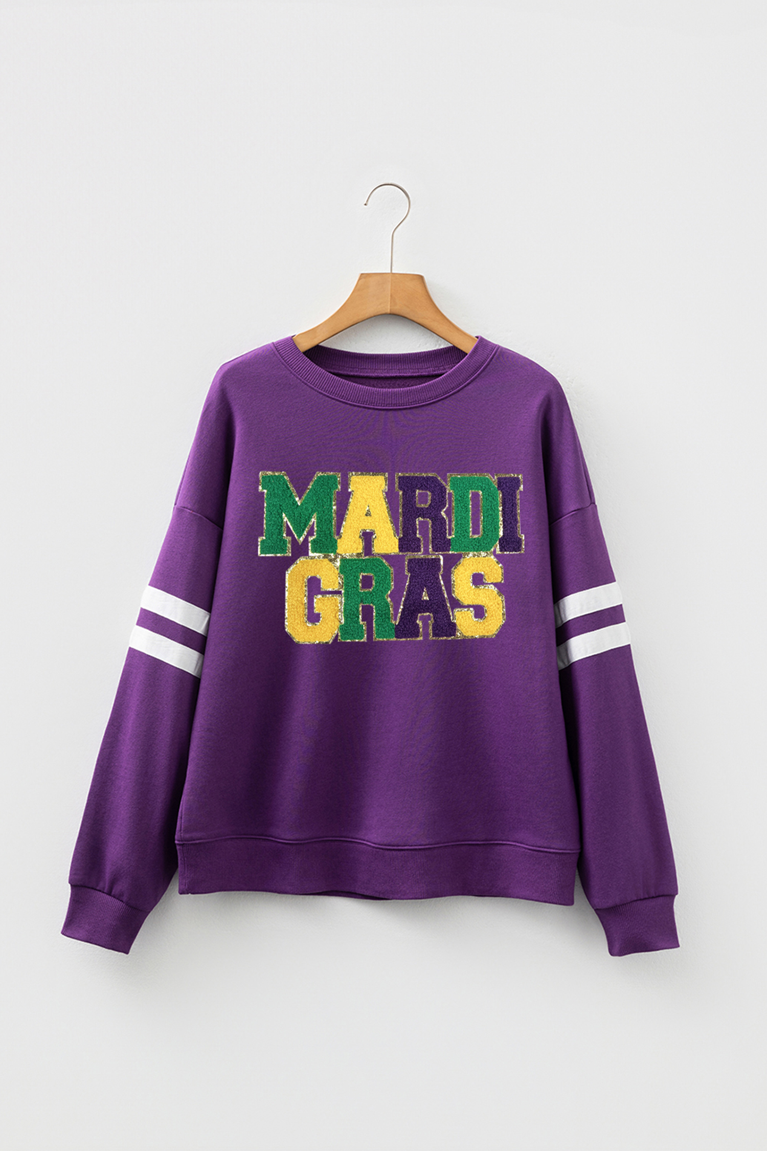 Tillandsia Purple Mardi Gras Patched Graphic Varsity Sweatshirt