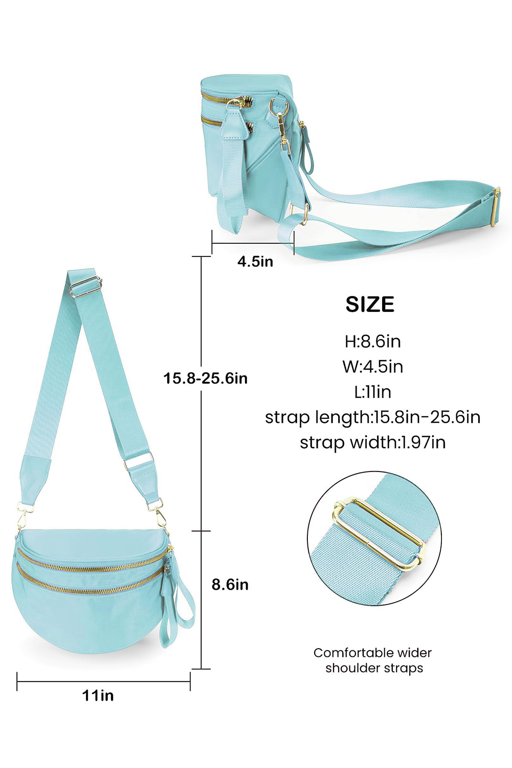 Light Grey Double Zip Crescent Shape Adjustable Sling Bag