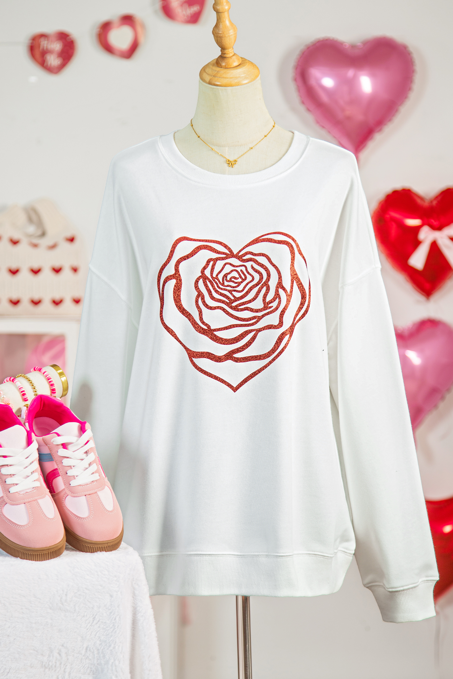 White Love Rose Shimmer Foil Printed Drop Shoulder Sweatshirt