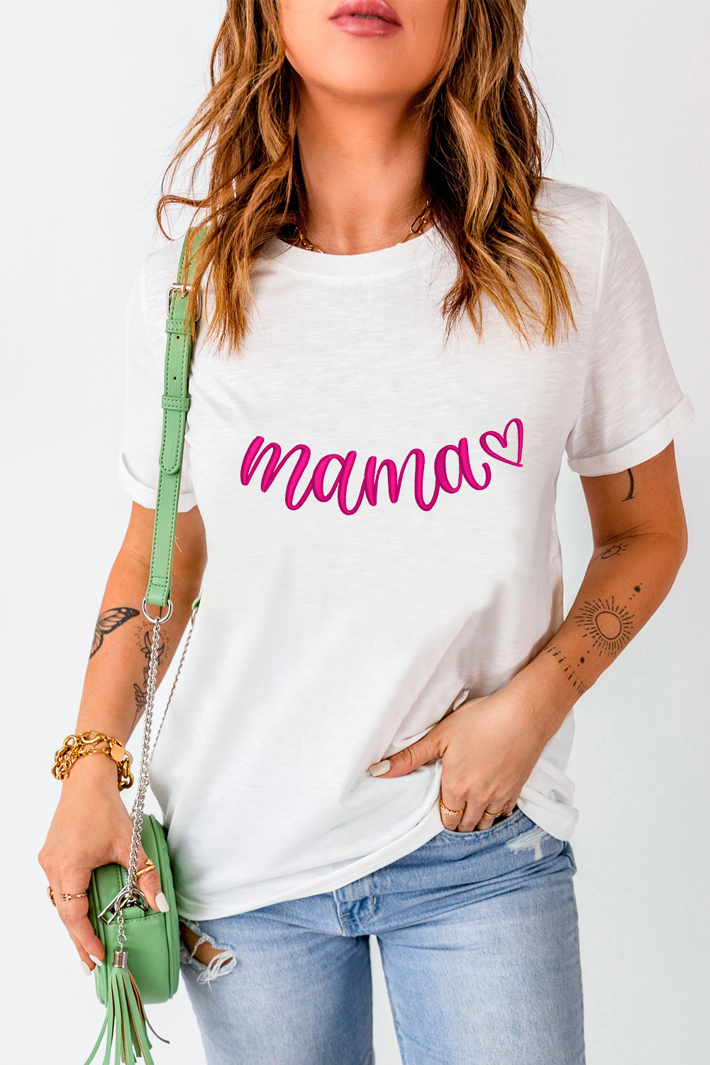 White mama Heart Embroidered Mothers Day T Shirt