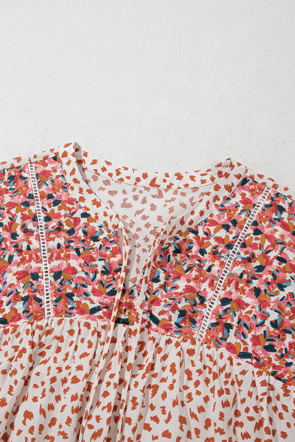 Red Printed Embroidery Detail Tie Split Neck Blouse