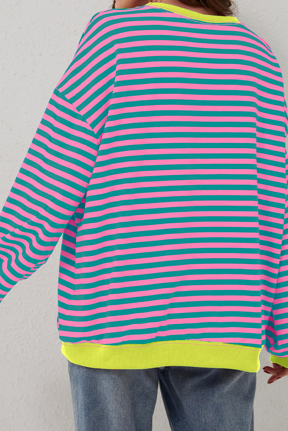 Red Stripe Contrast Ribbed Trim Crossed Stitch Drop Shoulder Sweatshirt