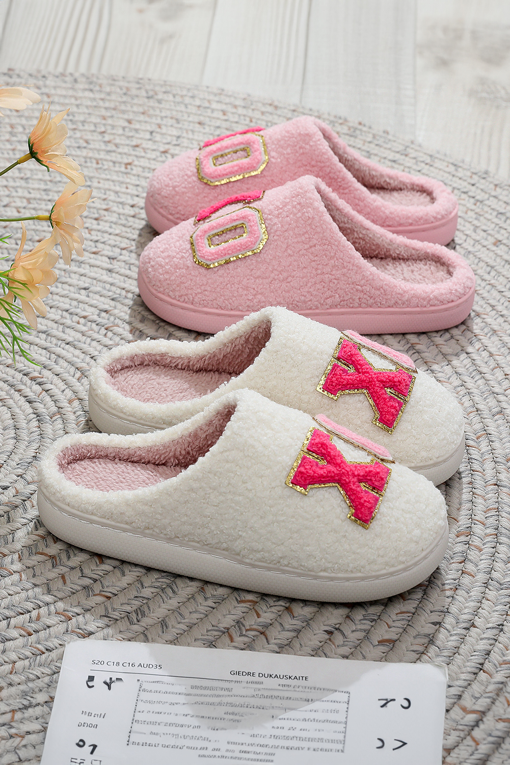White XO XO Glitter Trim Letter Patched Plush House Slippers