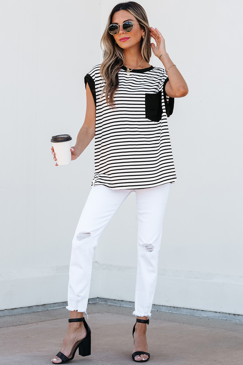 Red Stripe Chest Pocket Patch Round Neck Tank Top