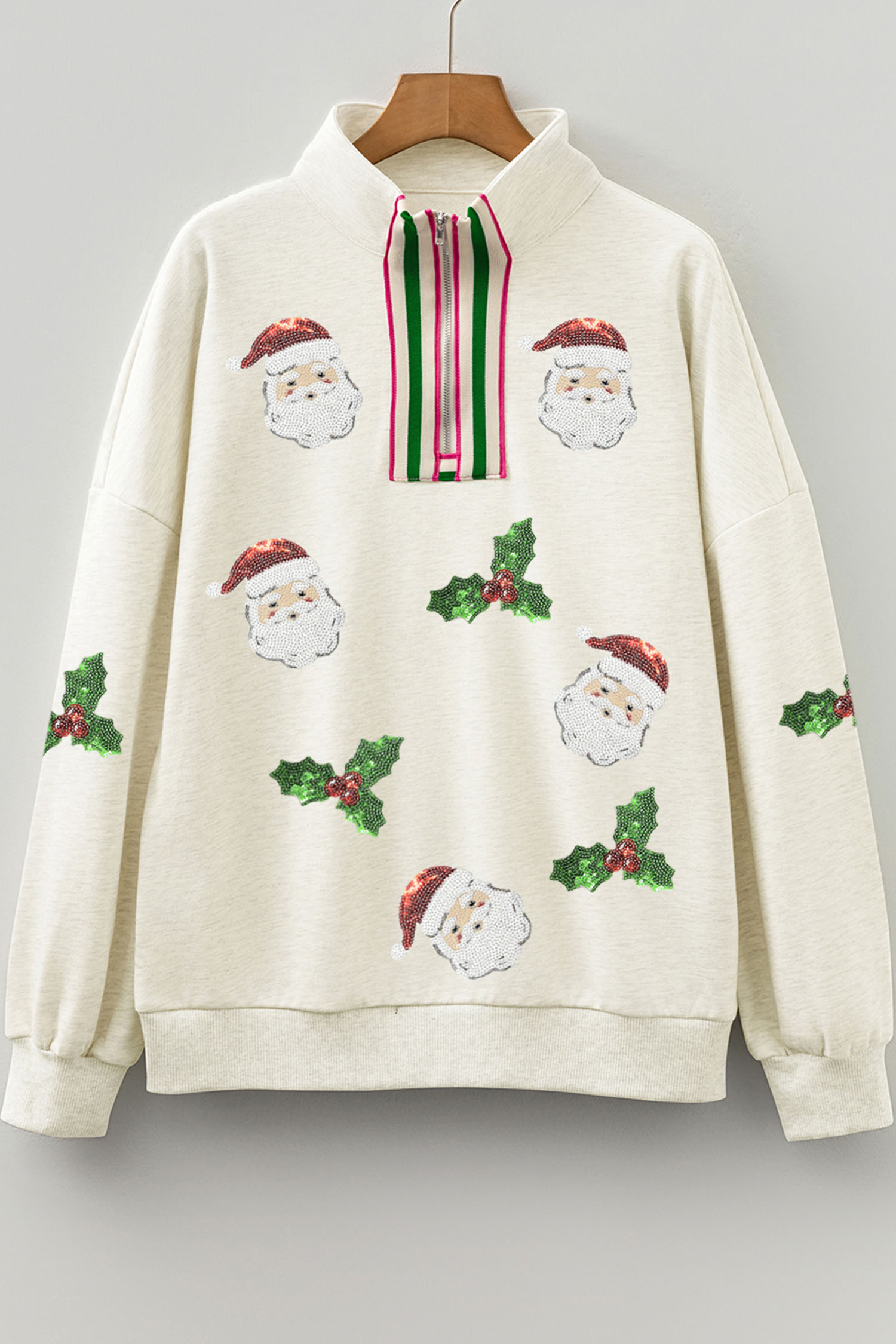 Light Grey Sequin Santa Christmas Holly Patched Striped Trim Zip V Neck Sweatshirt