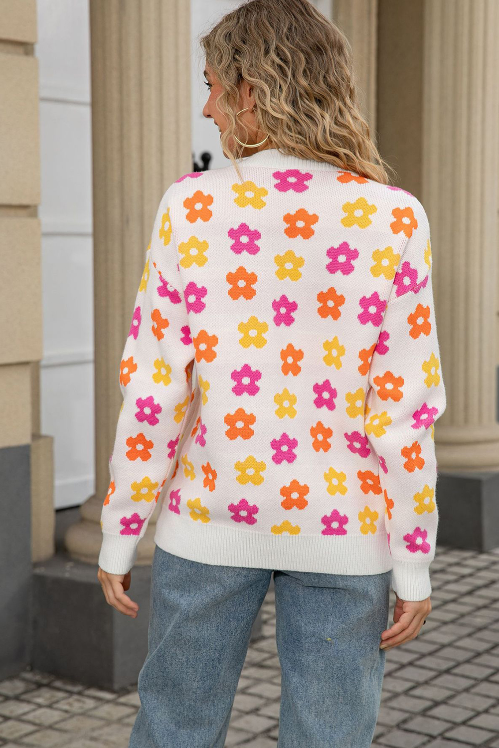 Apricot Cute Flower Allover Ribbed Trimmed Drop Shoulder Pullover Sweater