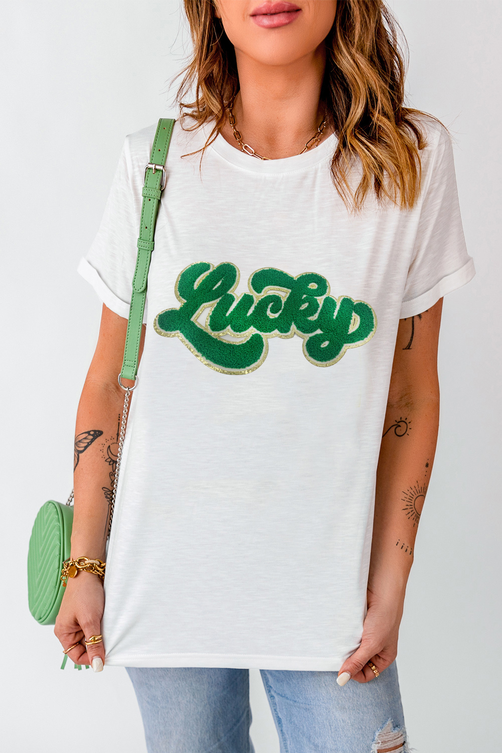 Black St. Patricks Lucky Clover Print O Neck T Shirt