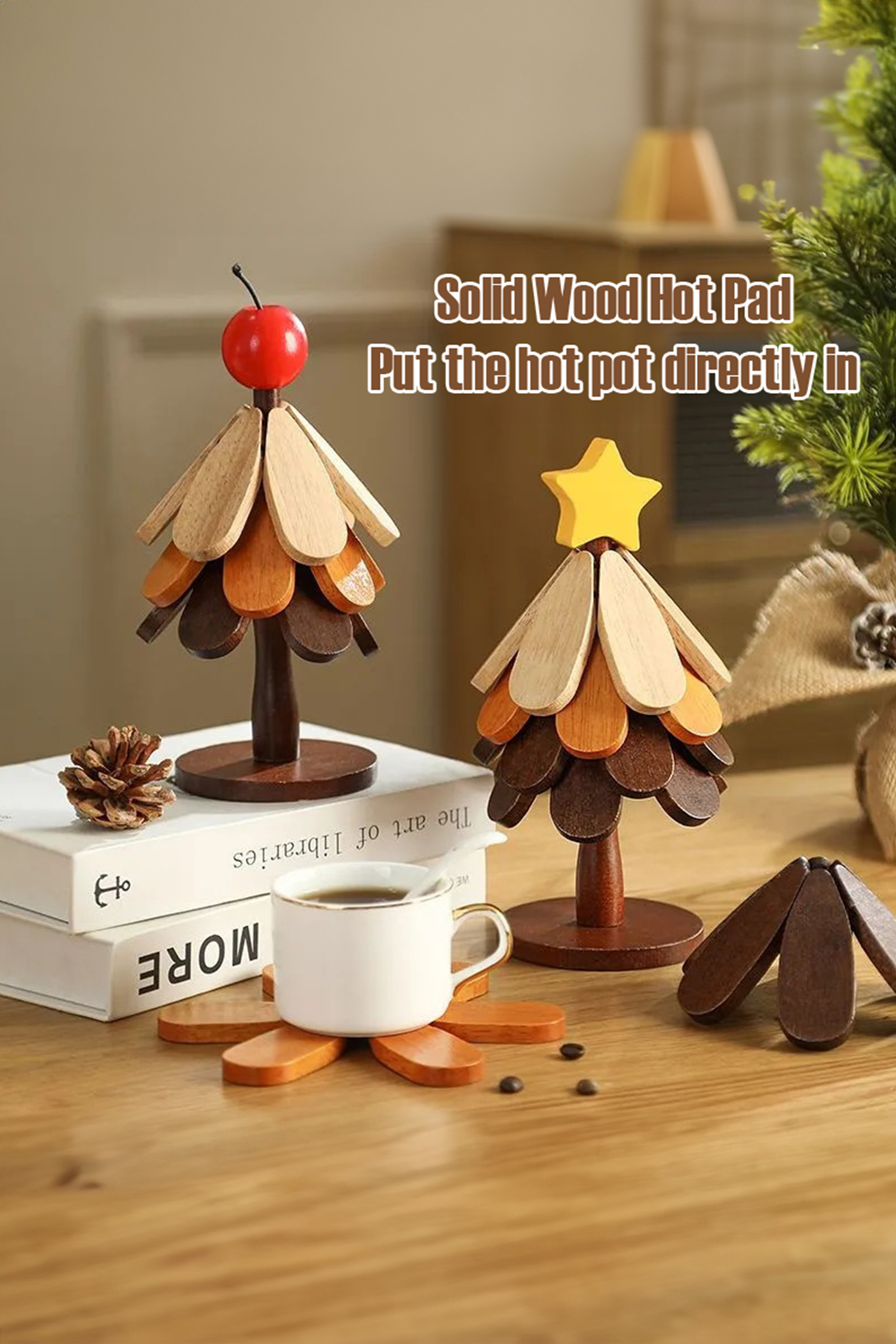 Fiery Red Cherry Wooden Trivets Christmas Tree 5pcs Heat Resistant Coaster