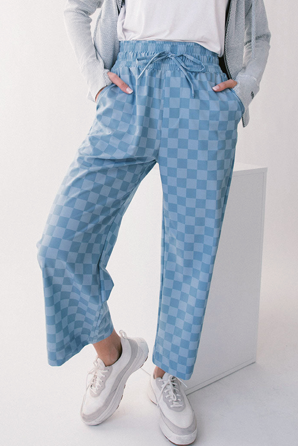 Khaki Checkered Elastic High Waist Loose Casual Pants