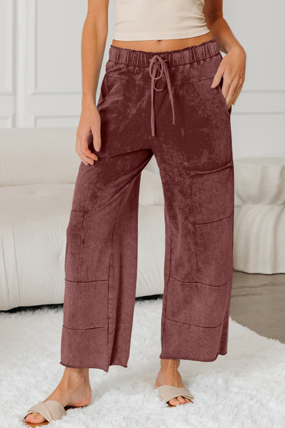 Lapis Mineral Wash Lace-up High Waist Raw Hem Patched Pocket Pants