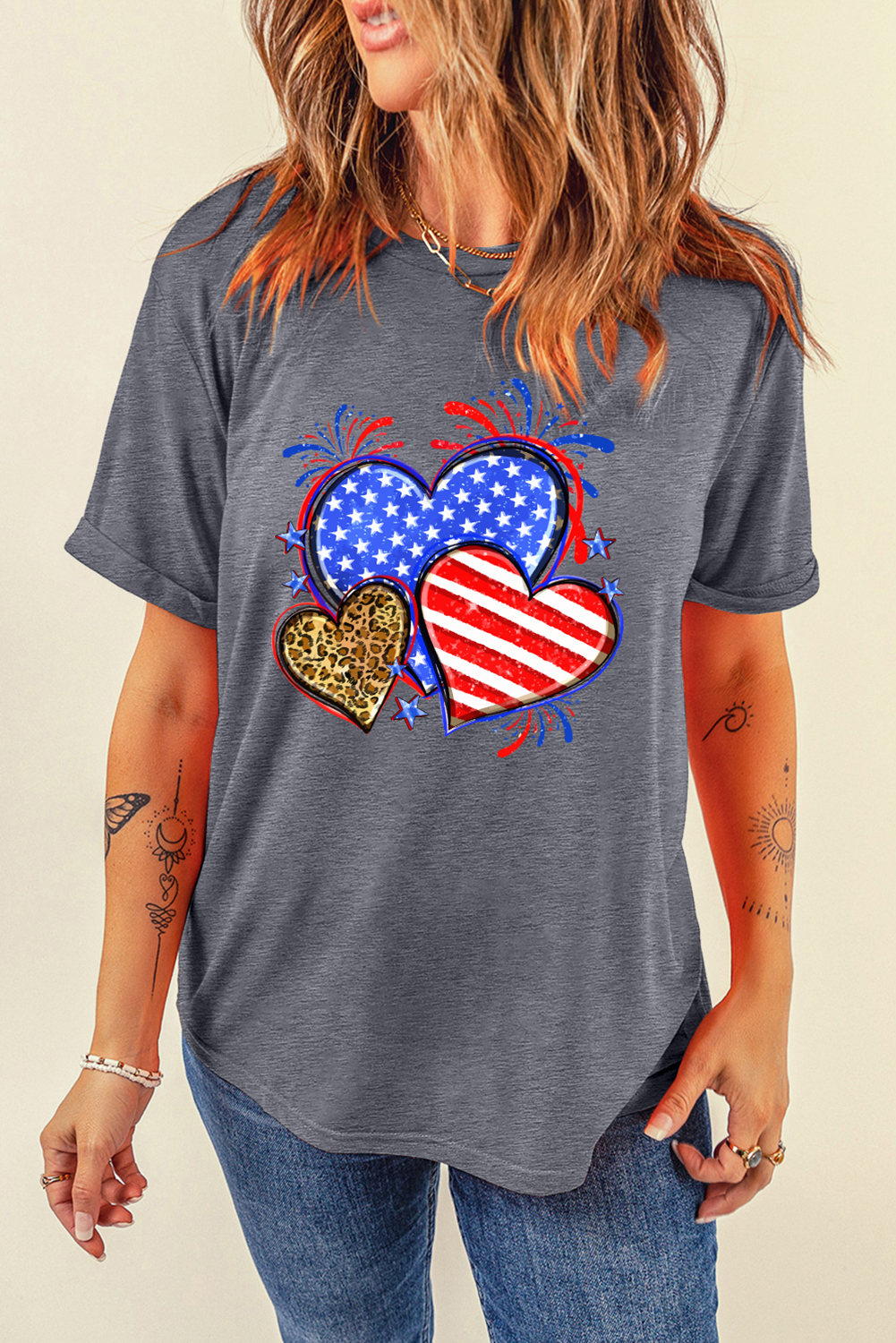 Gray American Heart July 4th Celebration Graphic T Shirt