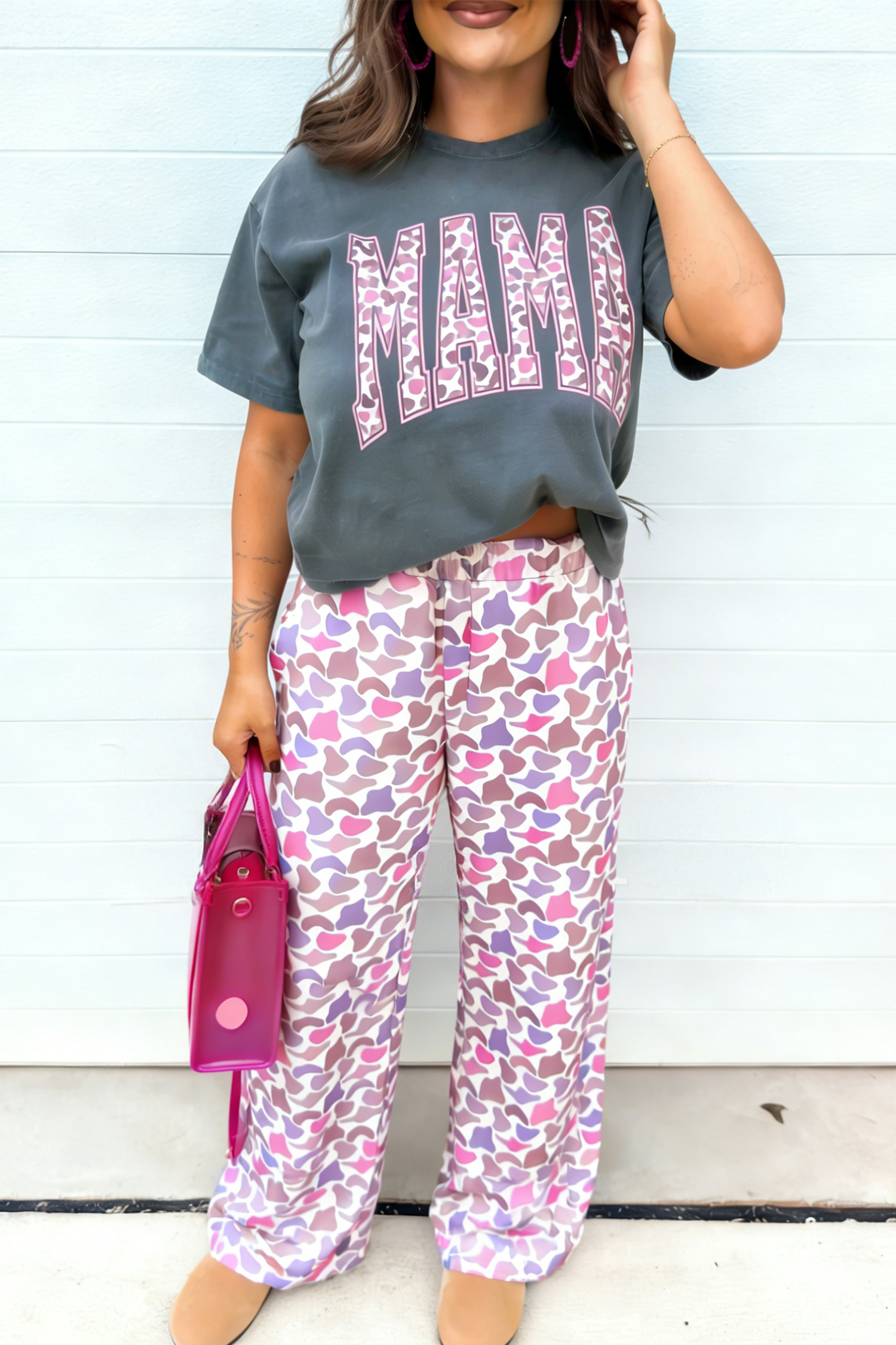Medium Grey MAMA Letter Graphic Tee Camouflage Print Loose Pant Set