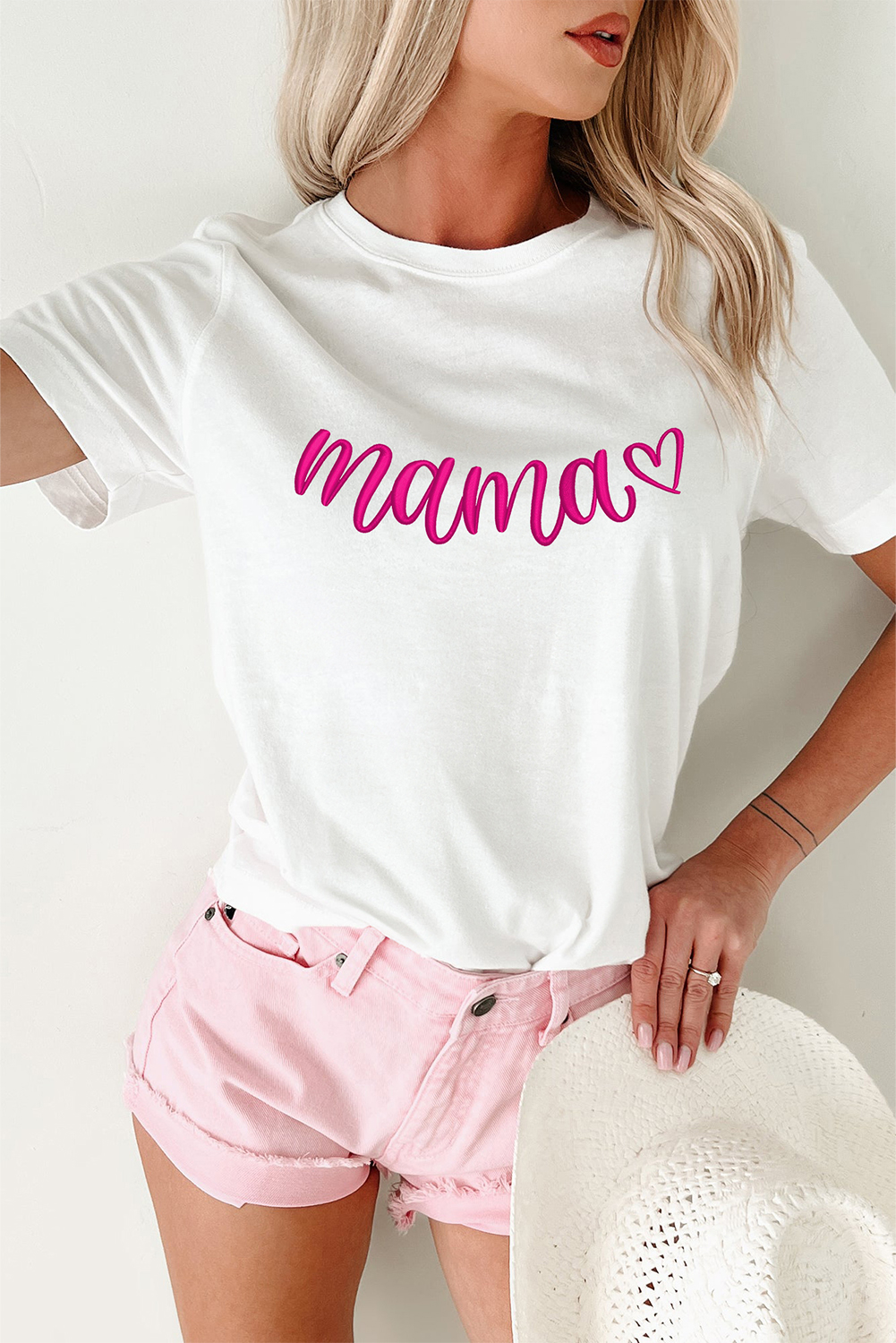 White mama Heart Embroidered Mothers Day T Shirt