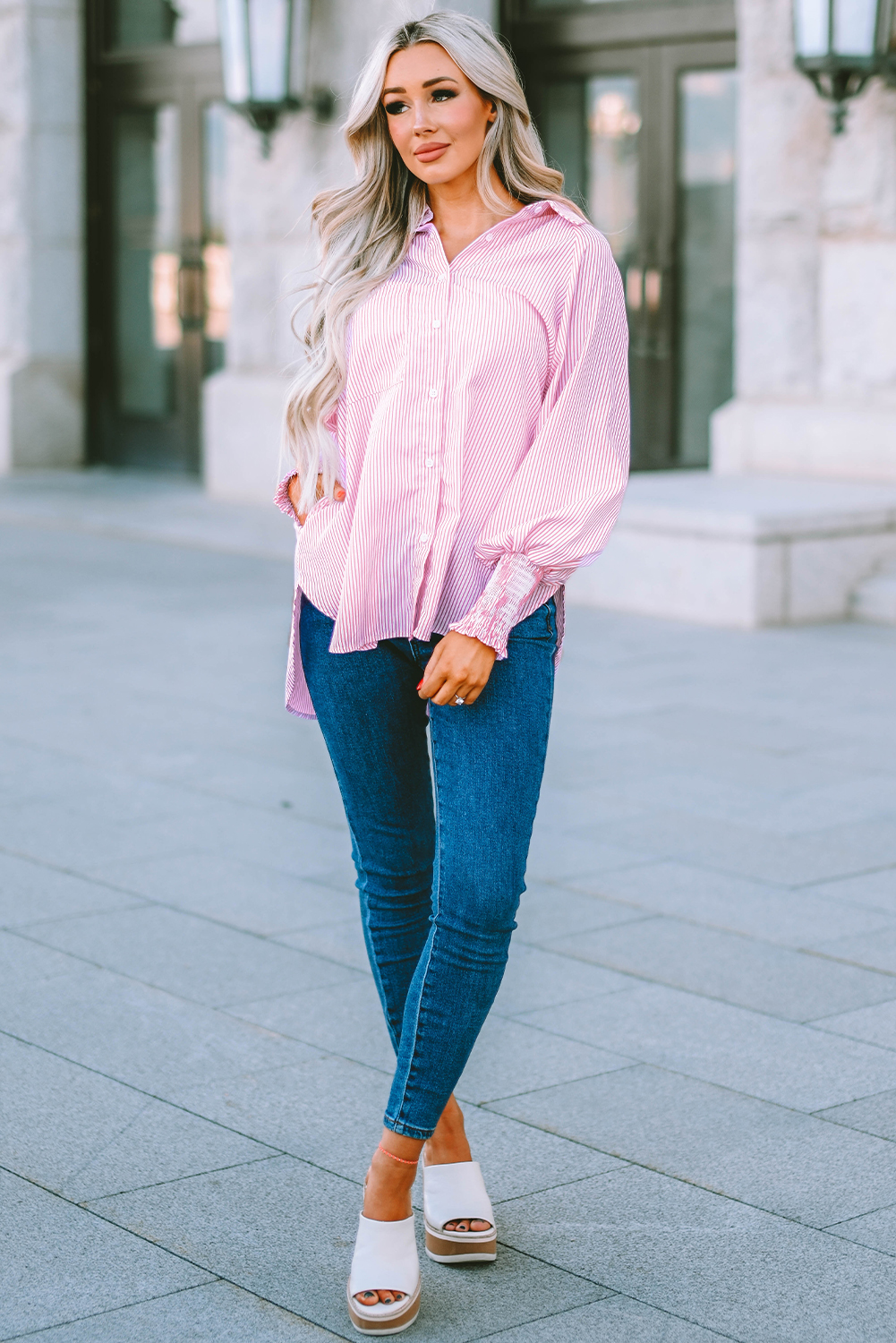 Red Stripe Smocked Cuffed Striped Boyfriend Shirt with Pocket