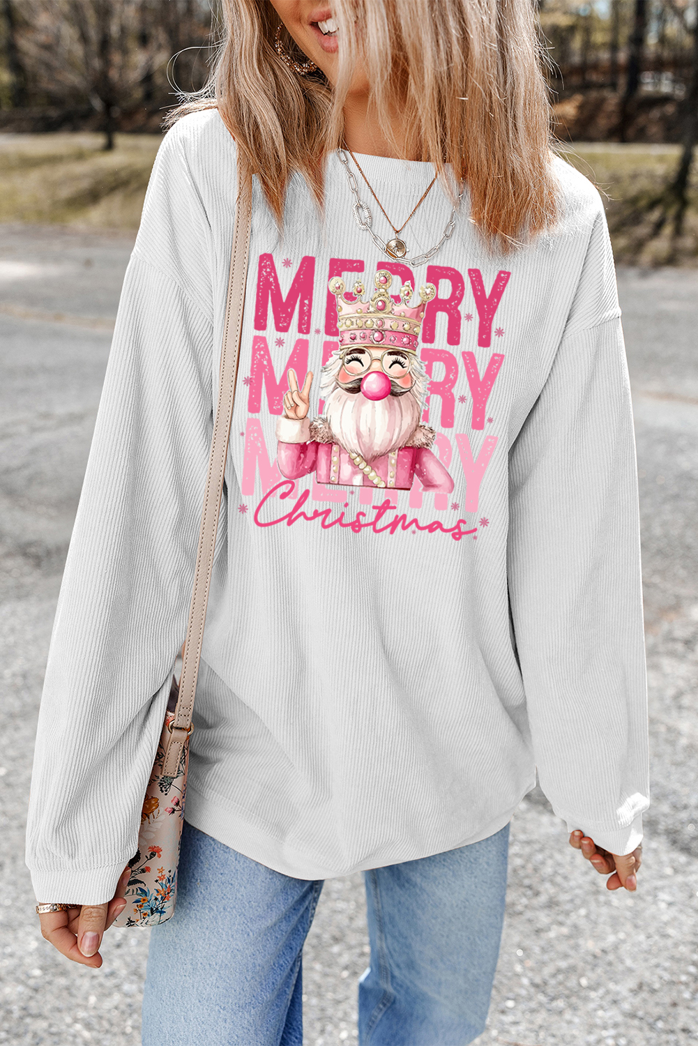 White Twisted Ribbed Merry Christmas Nutcracker King Printed Sweatshirt