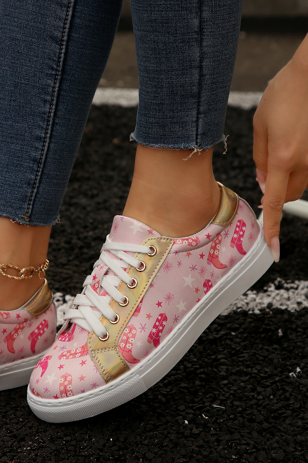 Pink Boots Print PU Leather Lace-up Shoes