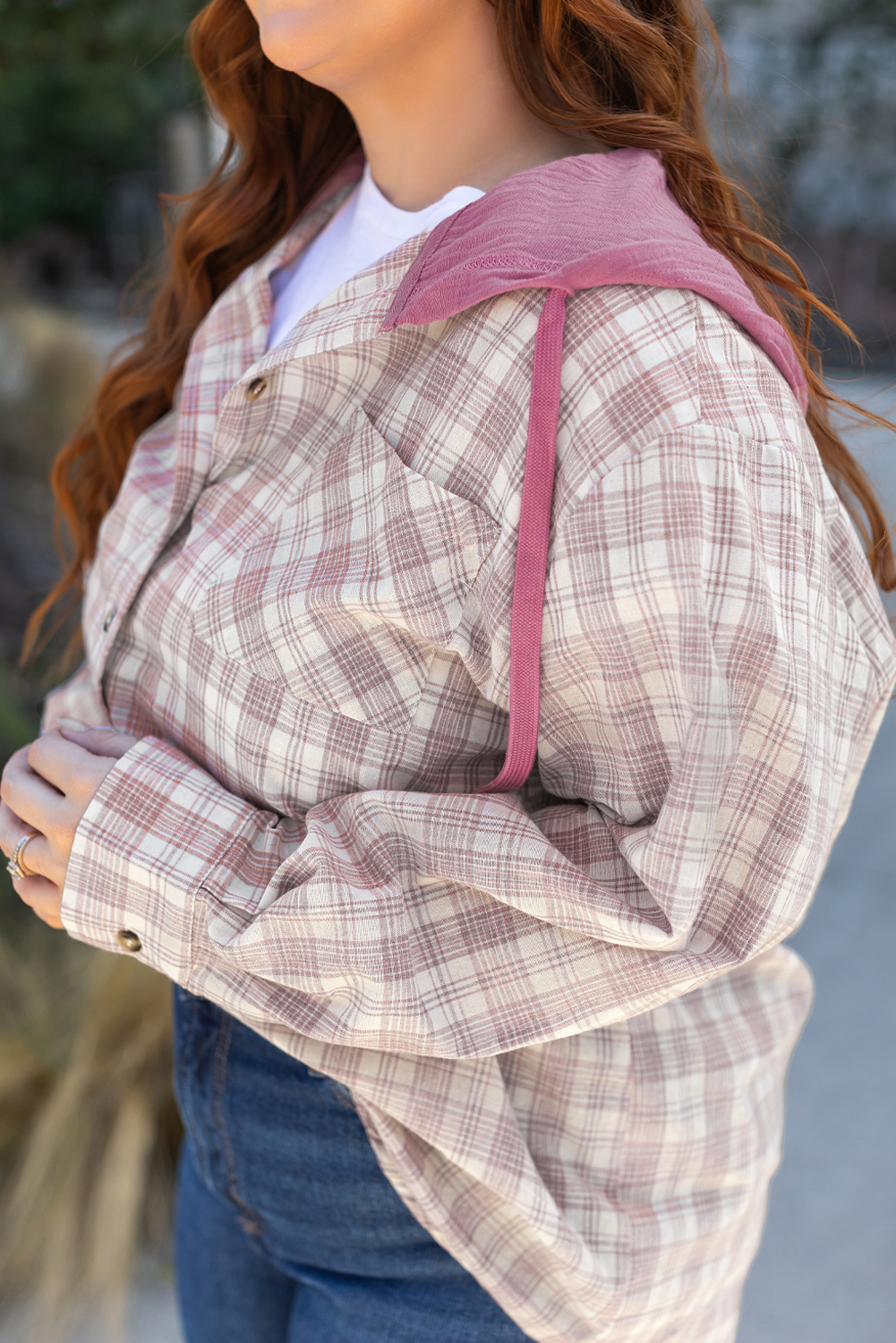 Khaki Checkered Print Loose Fit Buttoned Hooded Shacket