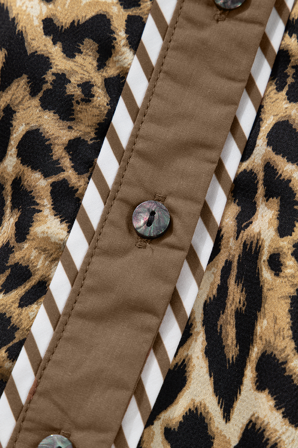 Brown Leopard Collared 3/4 Sleeve Shirt and Loose Pants Two Piece Outfit Set