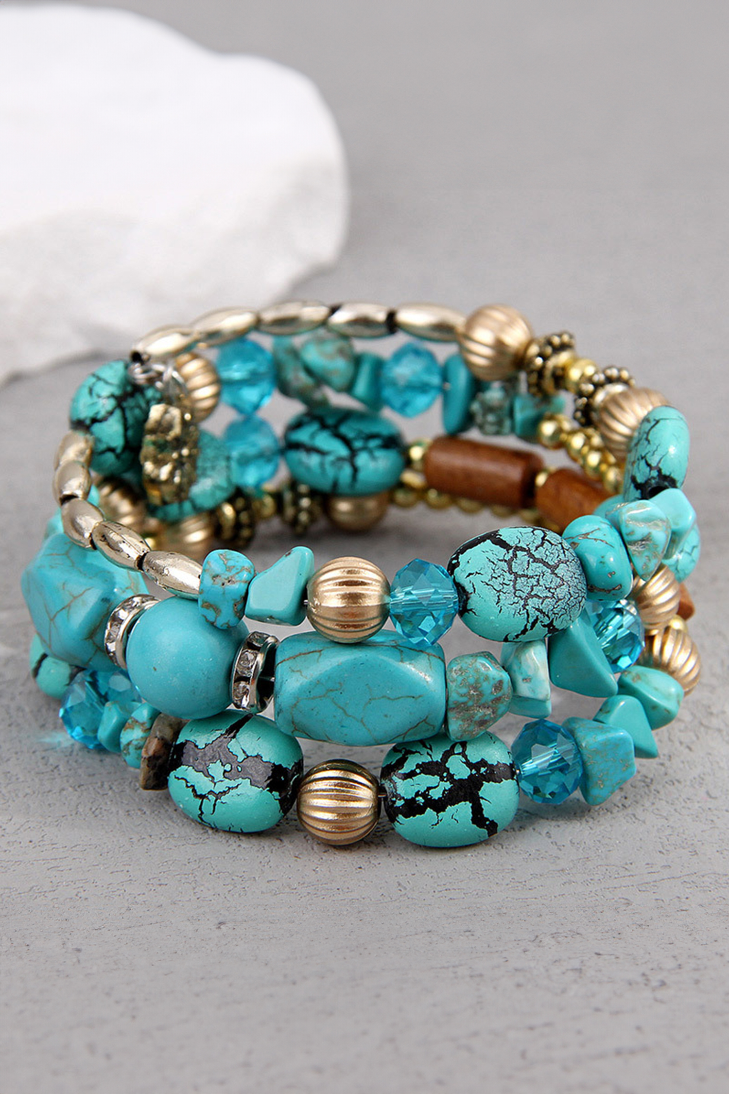 Turquoise Bohemian Style Crystal Stone Plated Bead Multi-Layer Winding Bracelet