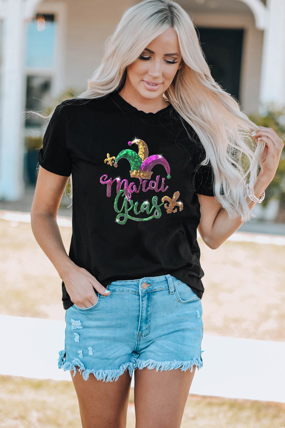 White Mardi Gras Sequin Graphic T-shirt