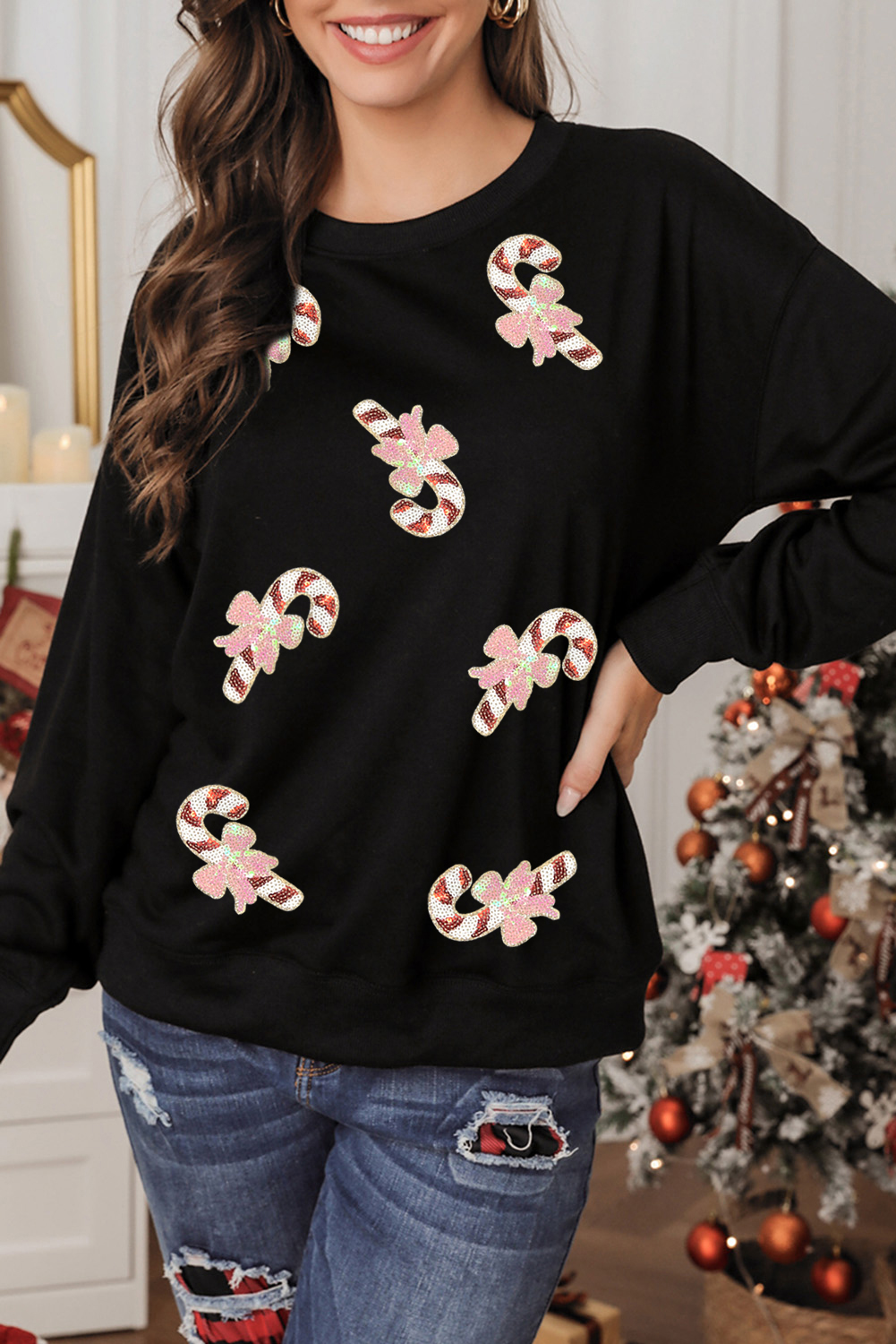 Black Christmas Candy Cane Sequin Patch Baggy Sweatshirt