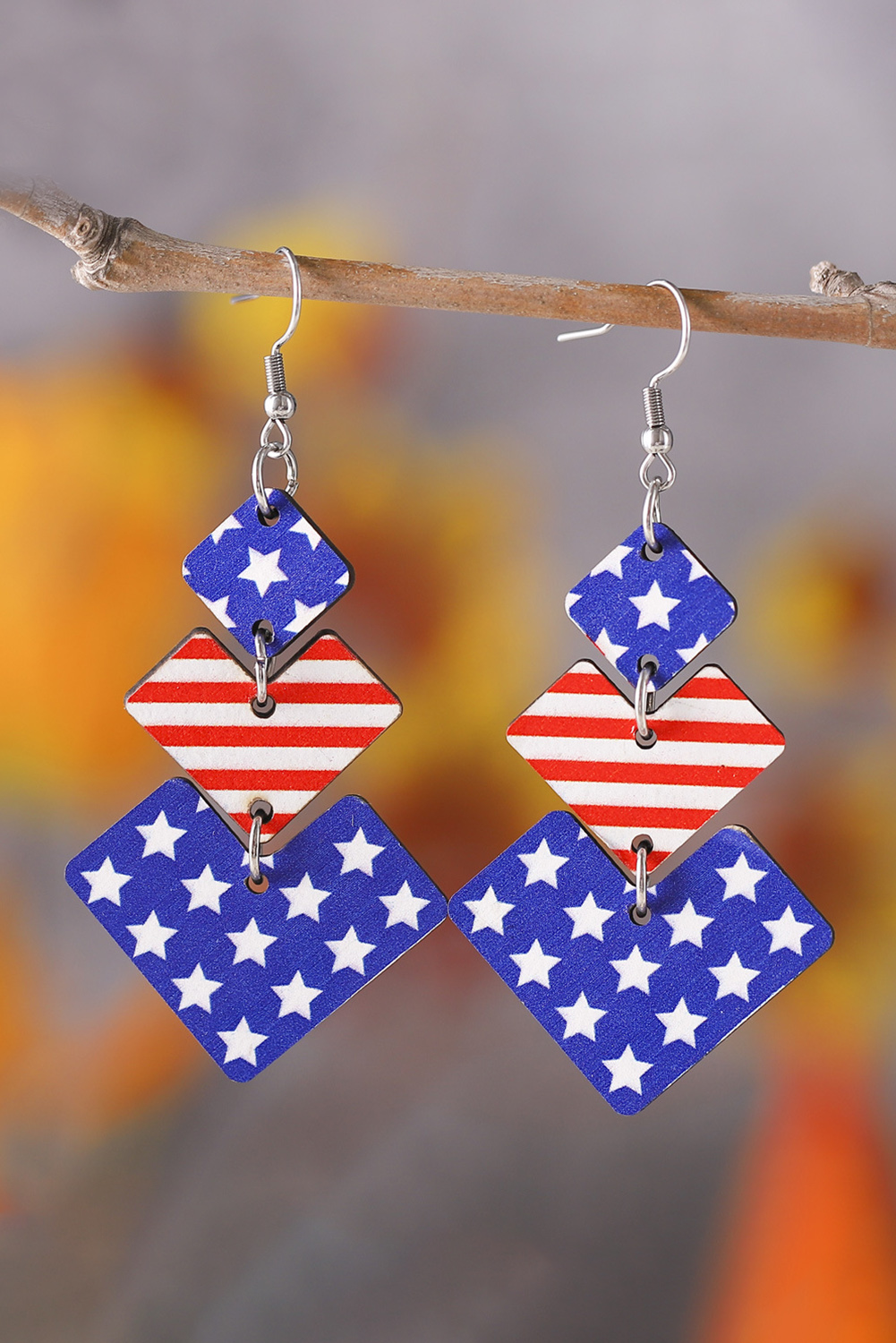 Fiery Red American Flag Rhinestone Star Dangle Earrings