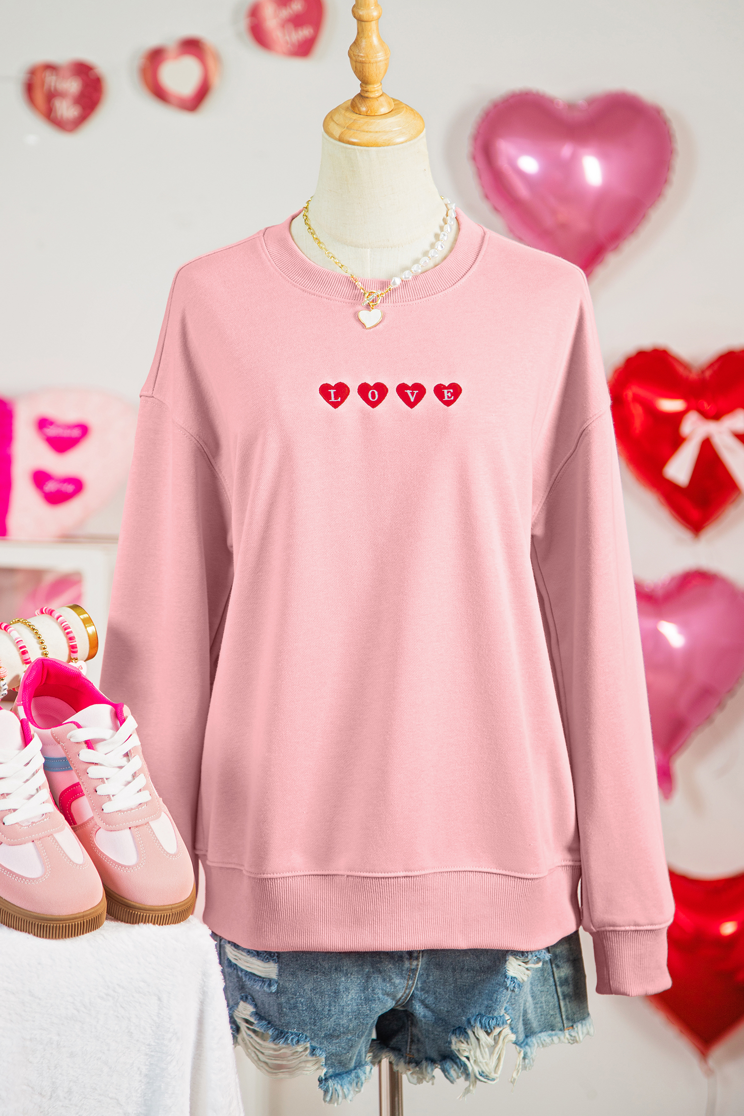 Pink LOVE In Hearts Embroidered Graphic Sweatshirt