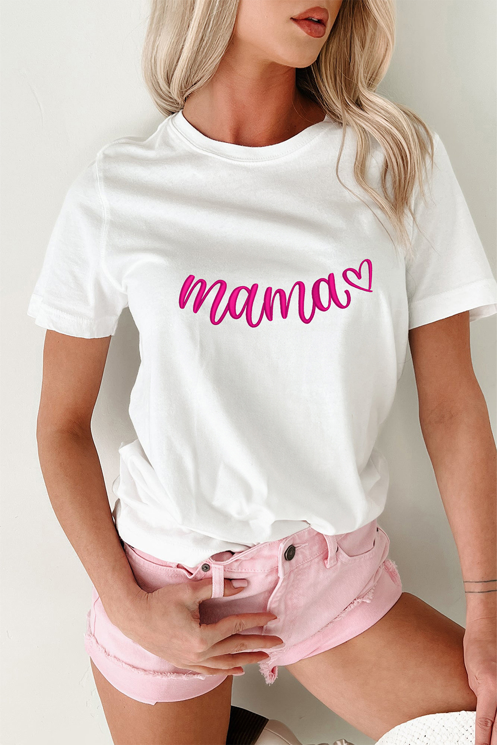 White mama Heart Embroidered Mothers Day T Shirt