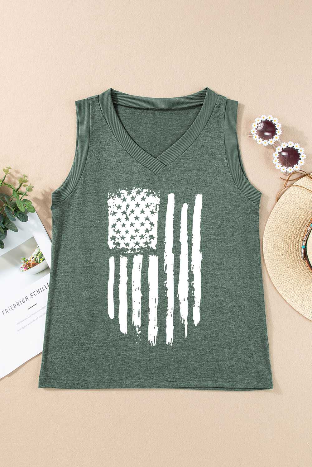 Mist Green Frayed American Flag Printed V Neck Tank Top