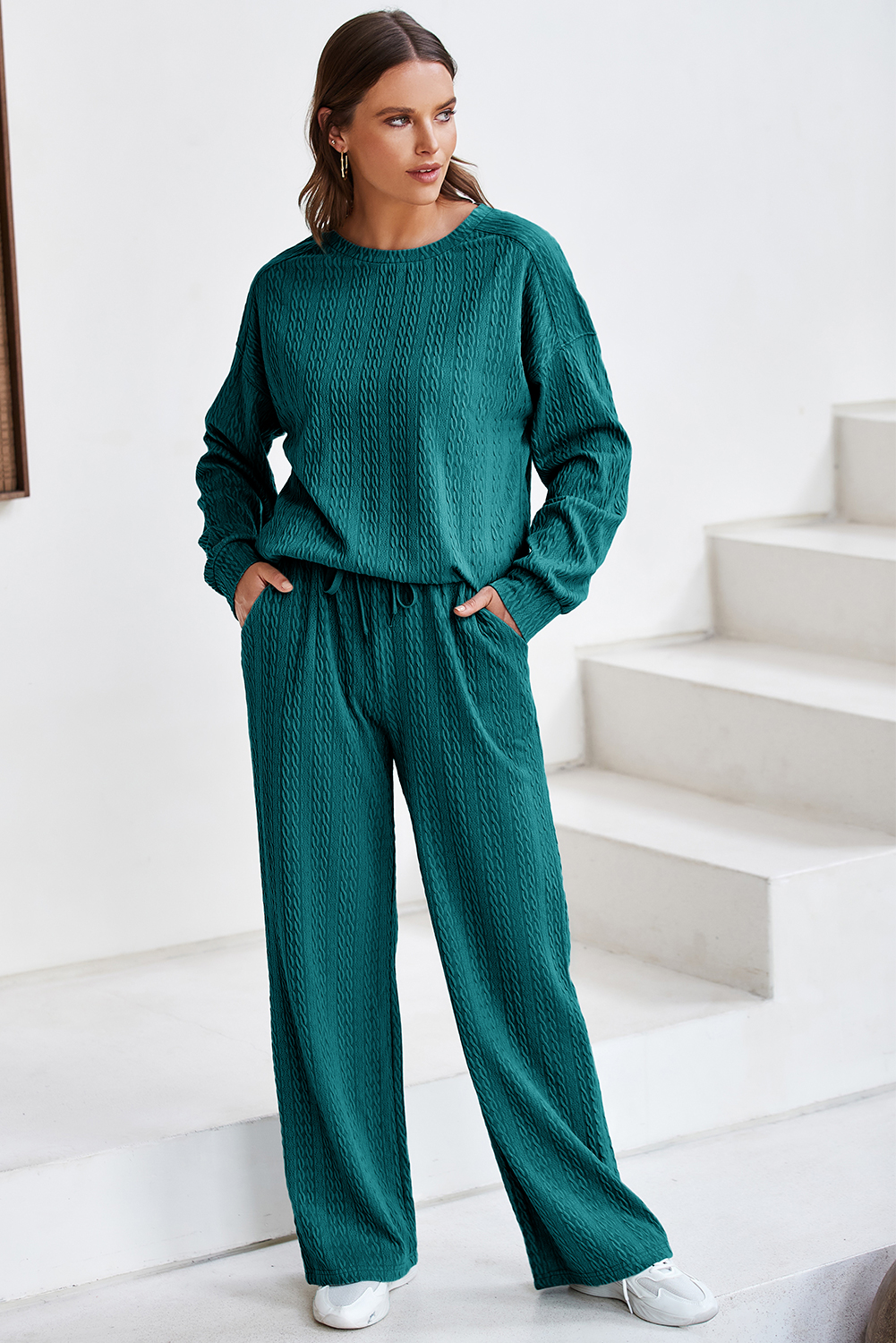 Smoke Green Textured Round Neck Sweatshirt & Loose Drawstring High Waist Pant Set