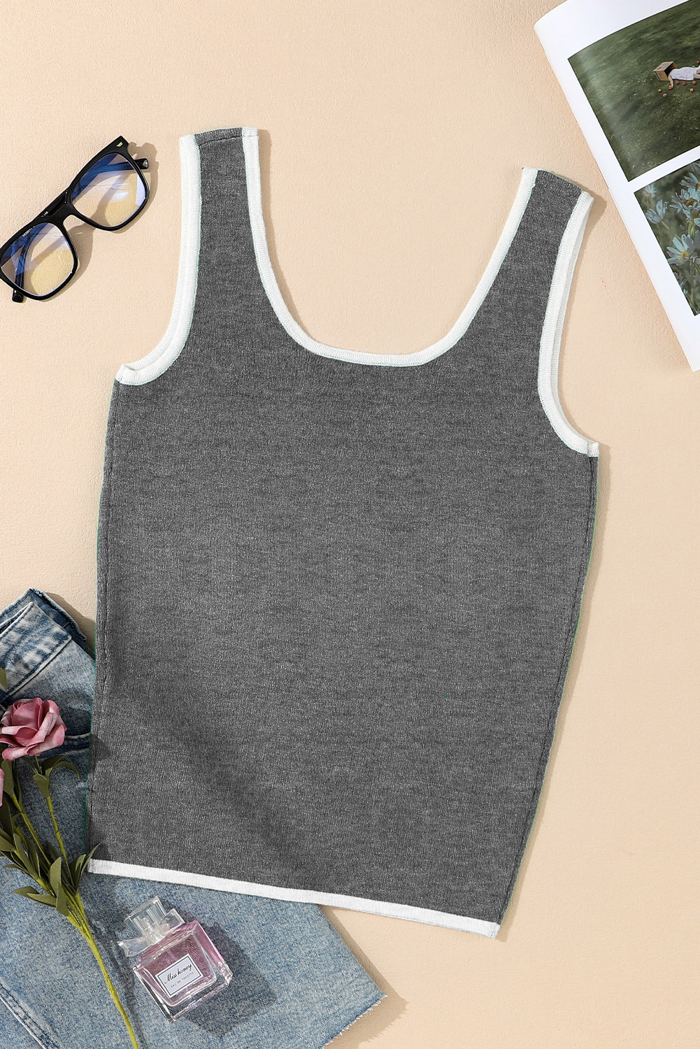 Dark Green Lightweight Ribbed Knit Contrast Trim Sweater Vest