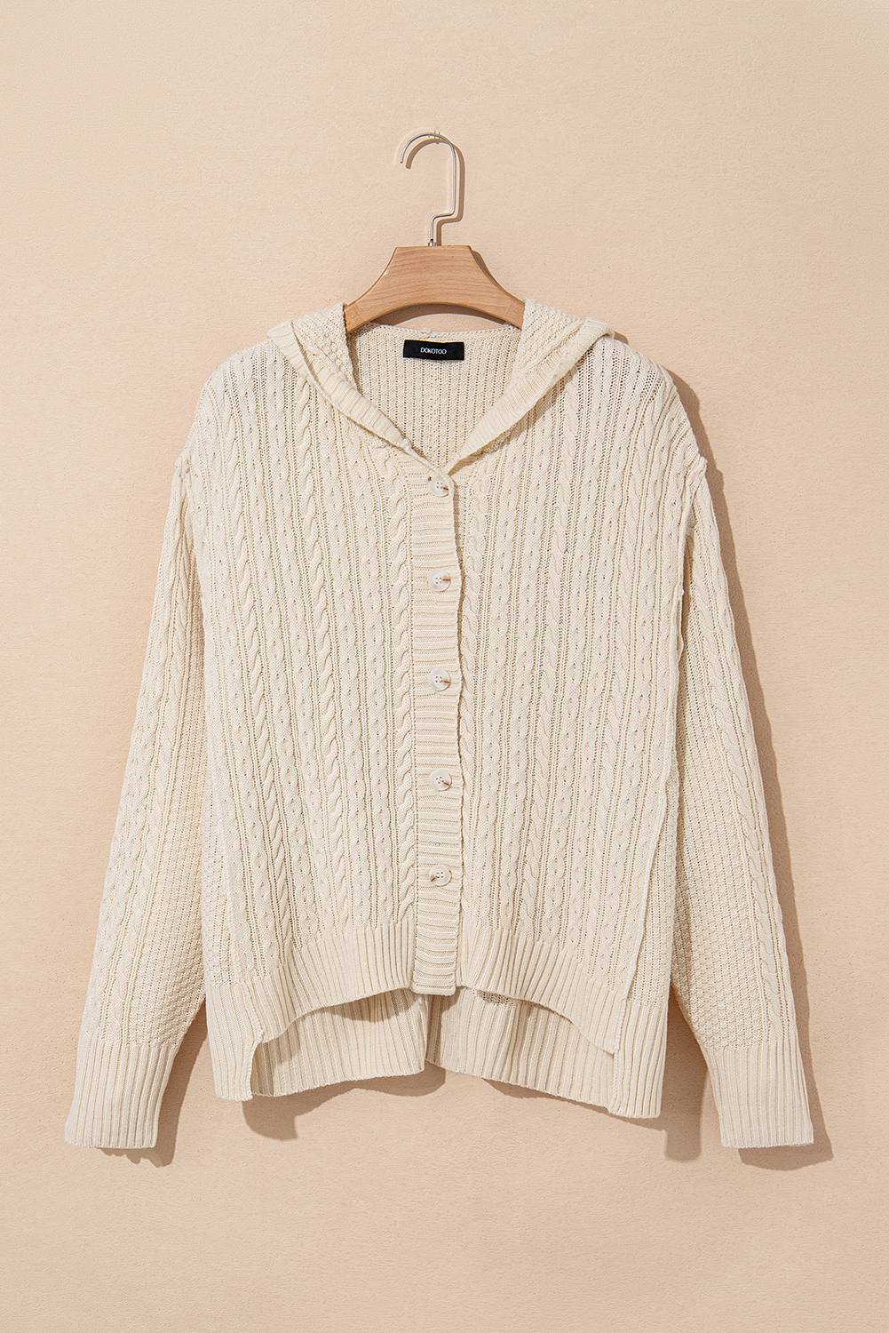 White Cable Knit Texture Uneven Hem Hooded Chic Cardigan