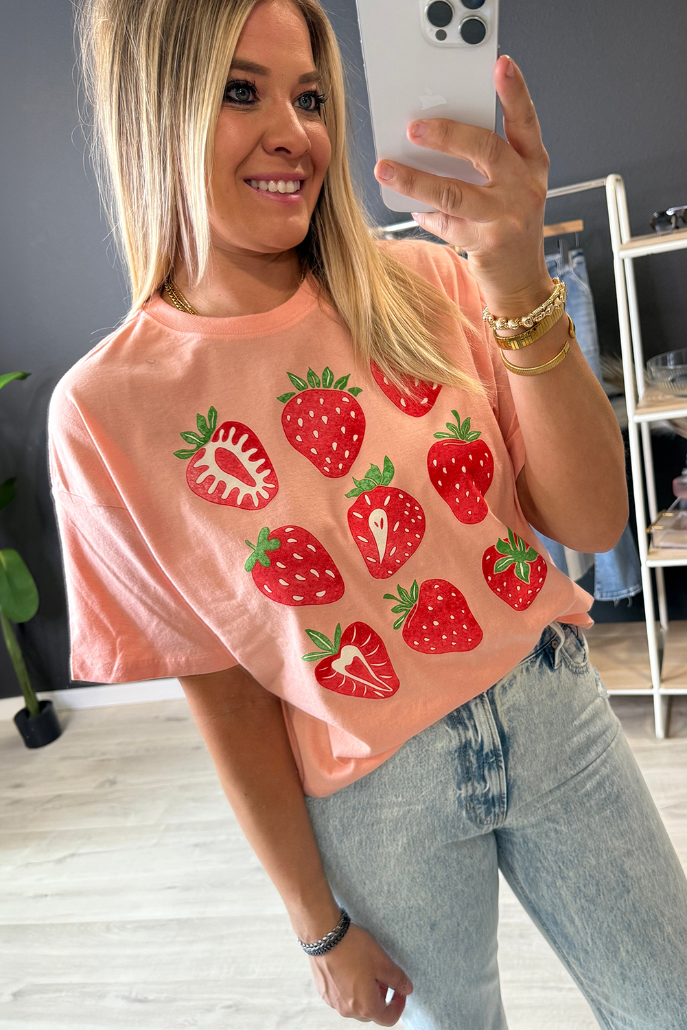 Pink Strawberry Fruit Pattern Graphic Tee