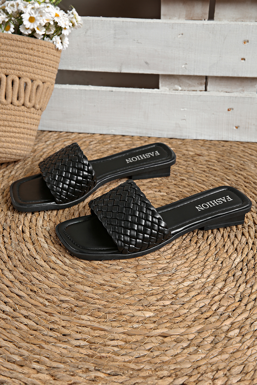 Black Braided Wide Band Square Toe Slippers