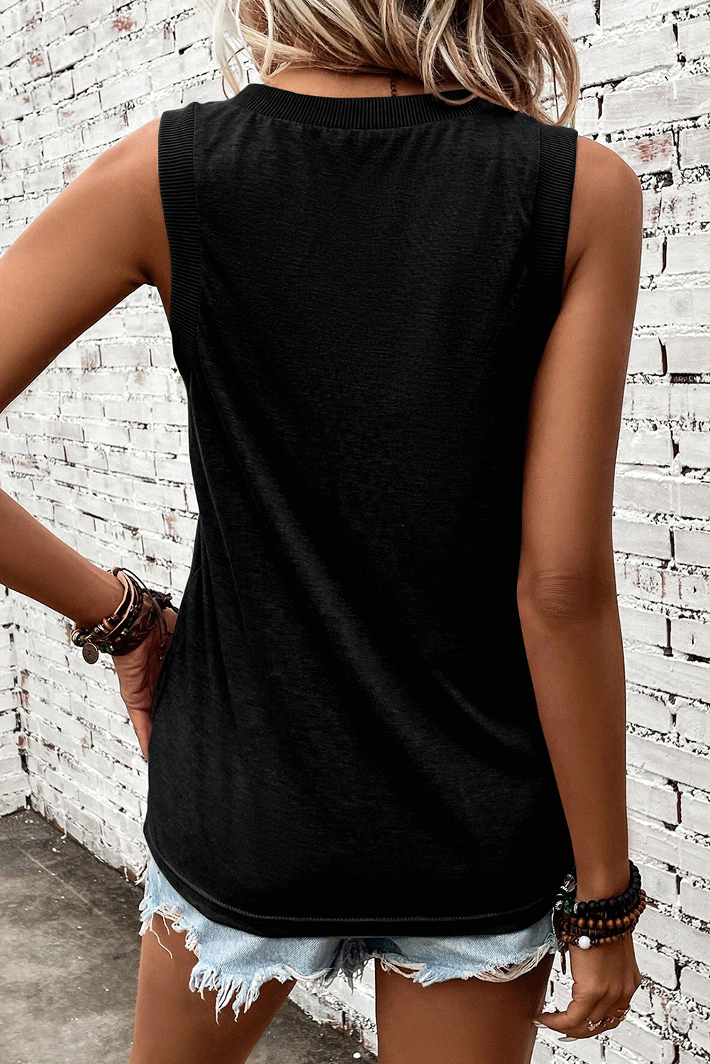 Black Flag Inspired Sequin Bow Patched V Neck Tank Top