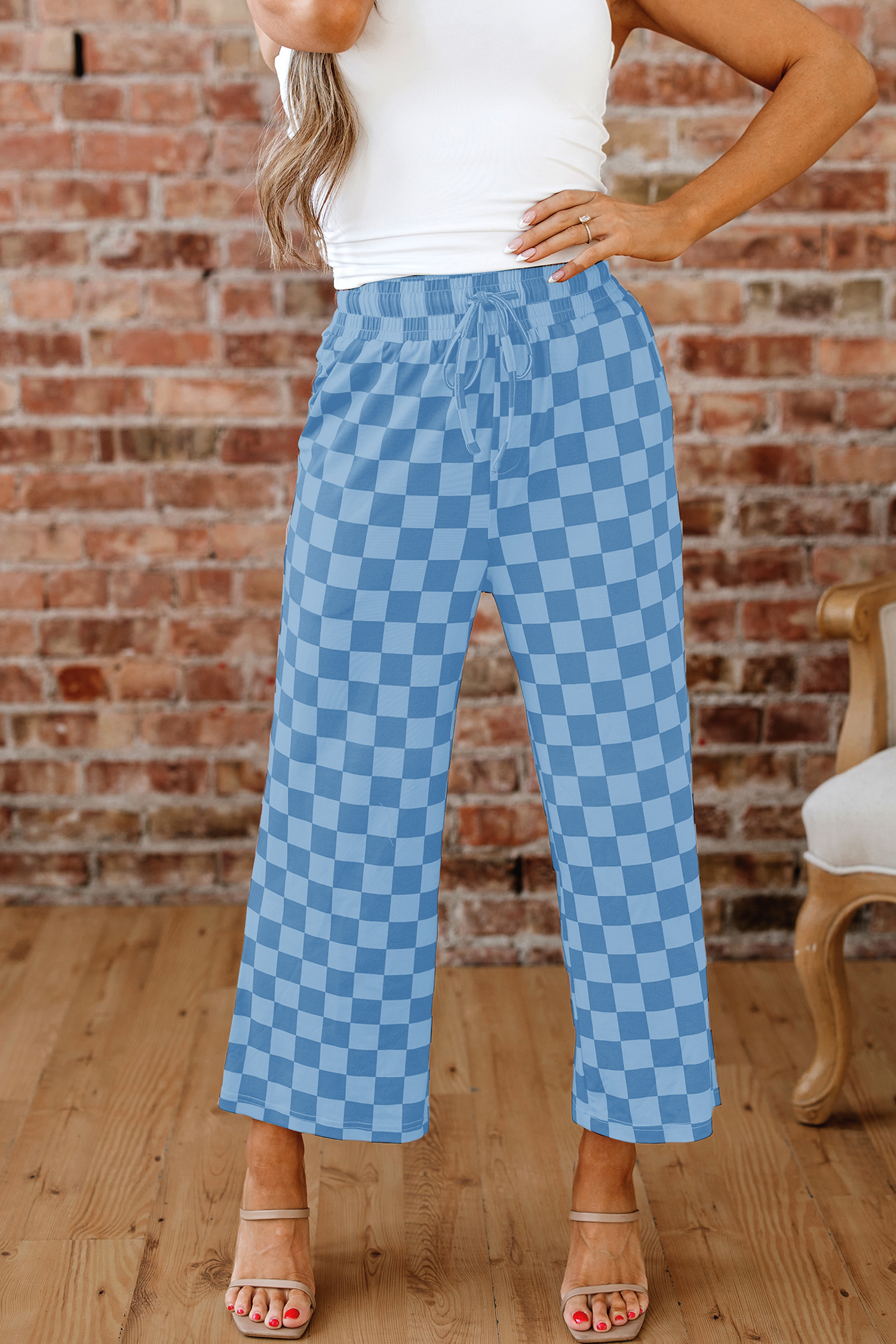 Khaki Checkered Elastic High Waist Loose Casual Pants