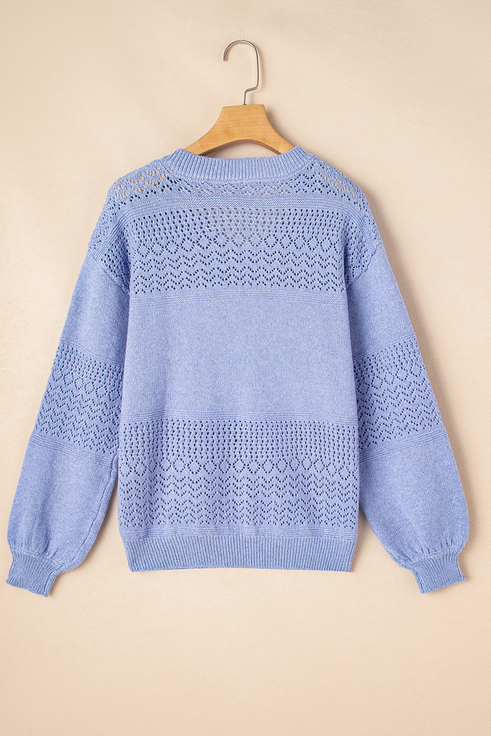 Sky Blue Eyelet Pattern Detail V Neck Drop Shoulder Sweater